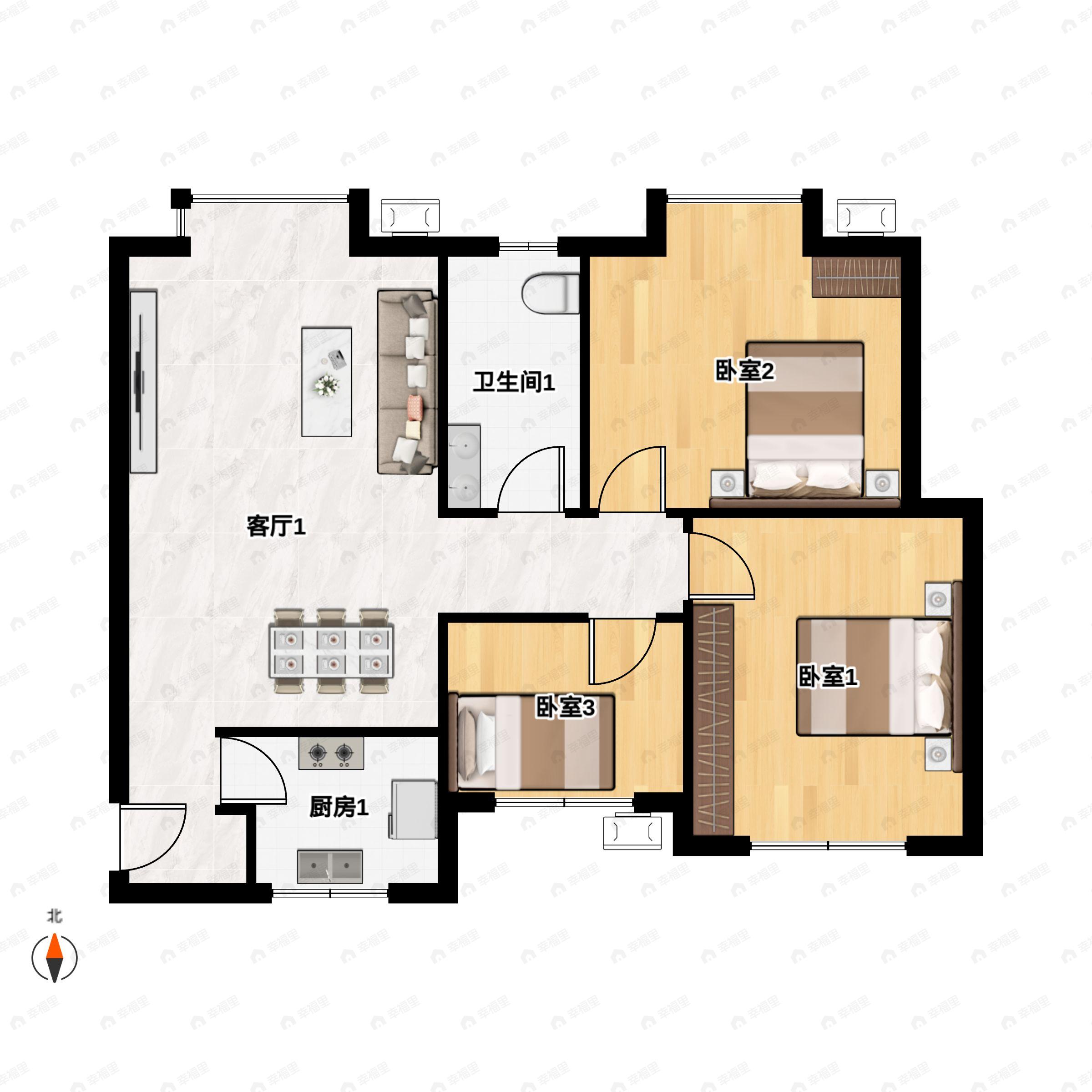 3室2厅1卫建面104平南户型图