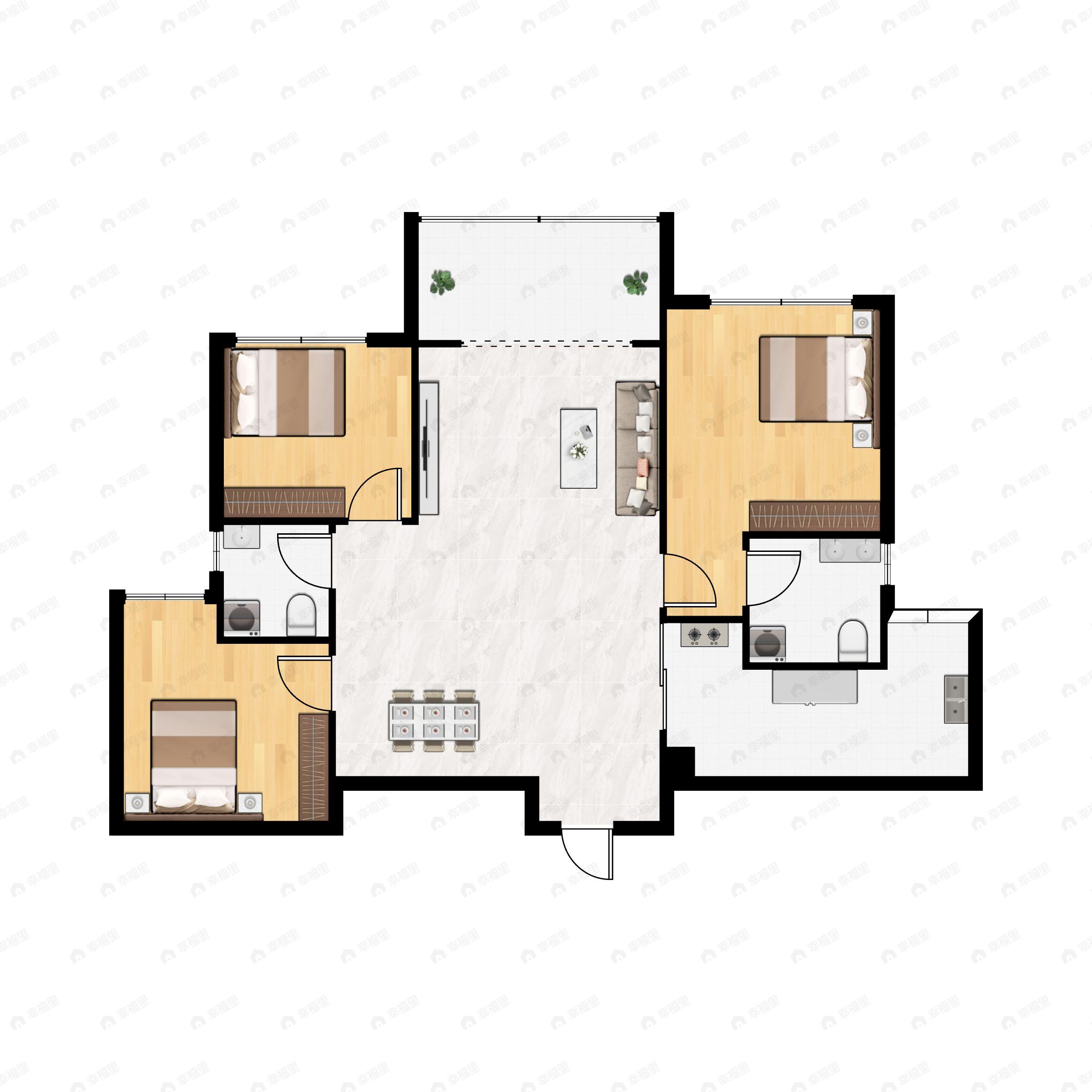 3室2厅2卫建面89m²东南户型图