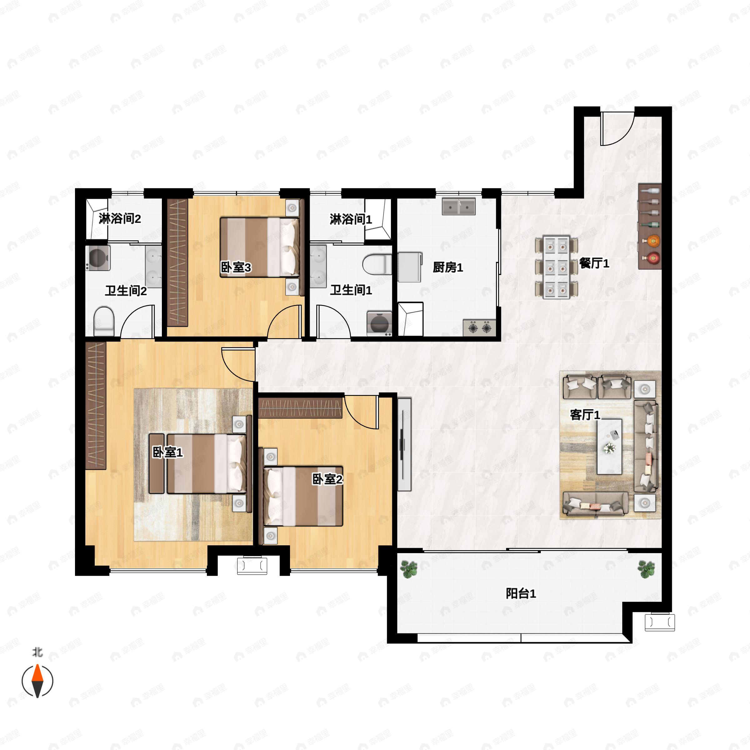 3室2厅2卫建面128m²南|北户型图
