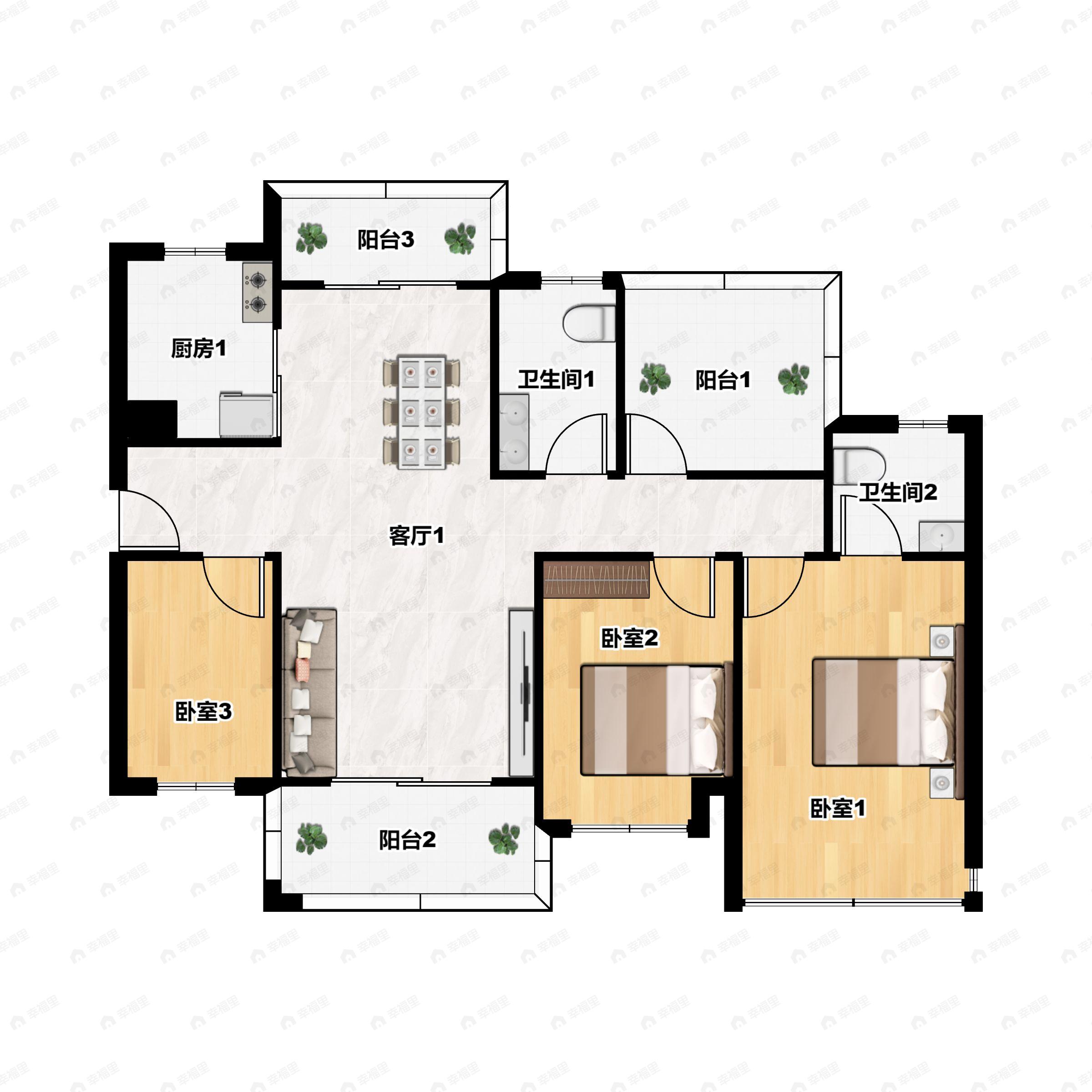3室2厅2卫建面127平南户型图