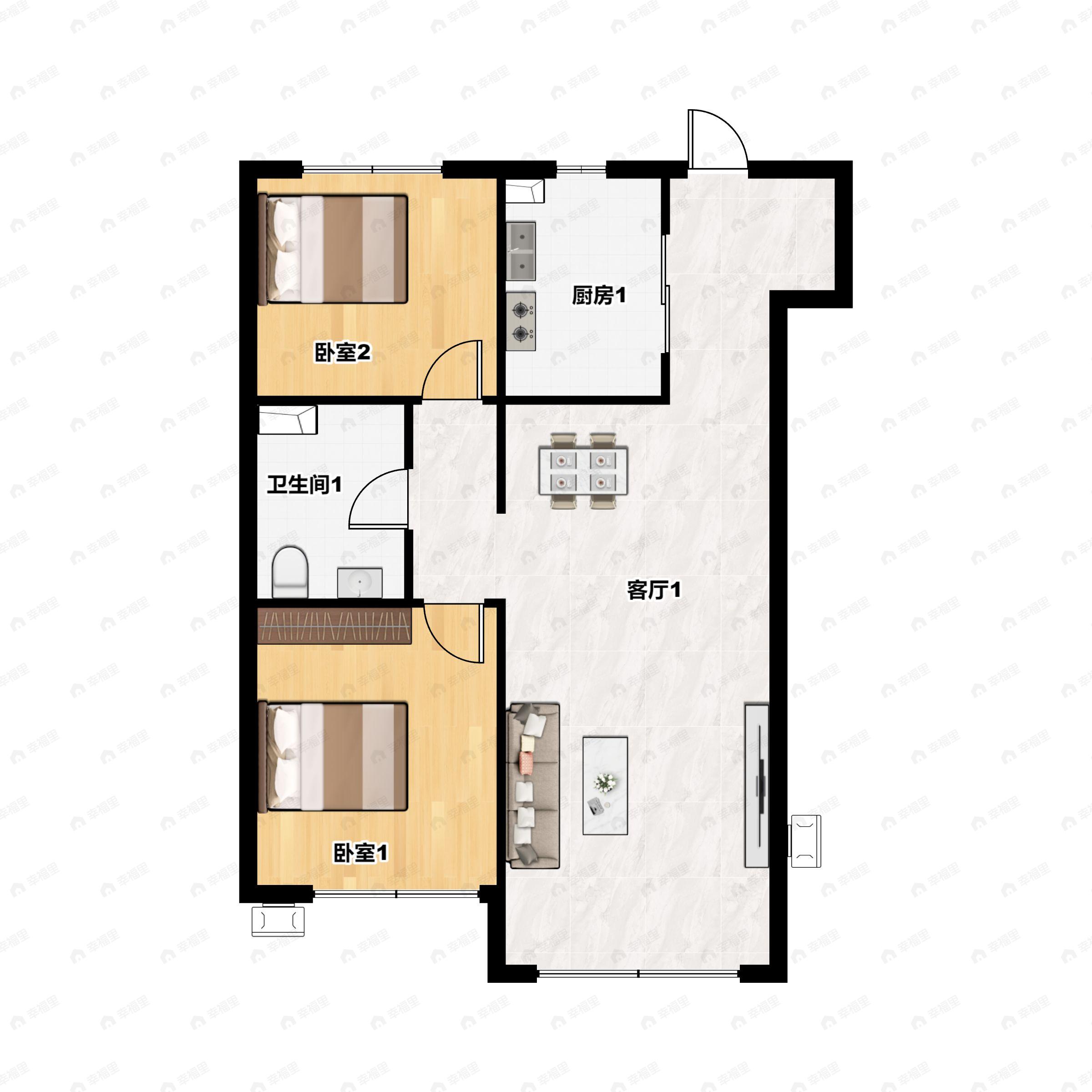 2室2厅1卫建面87m²南户型图