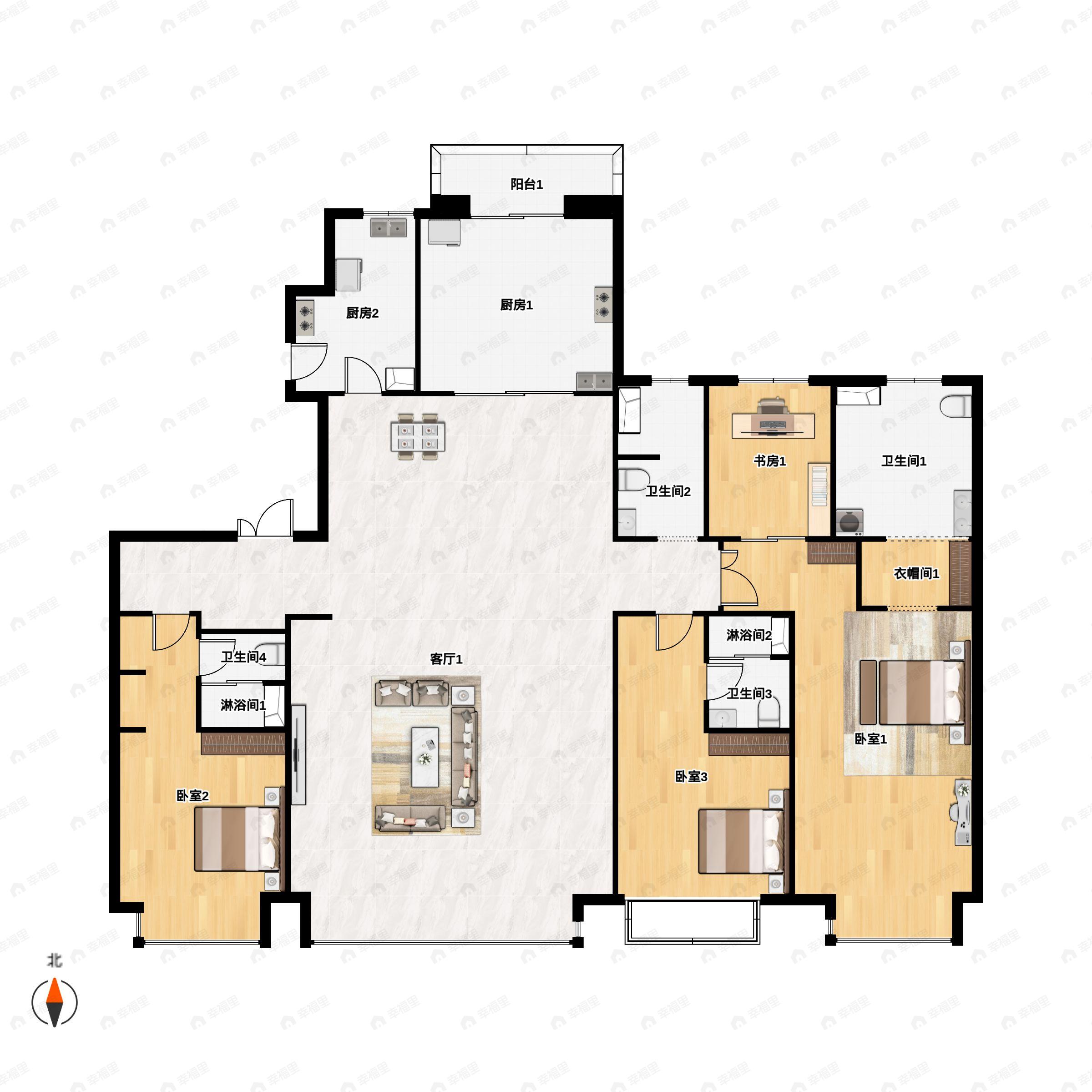 4室2厅3卫建面280平南|北户型图