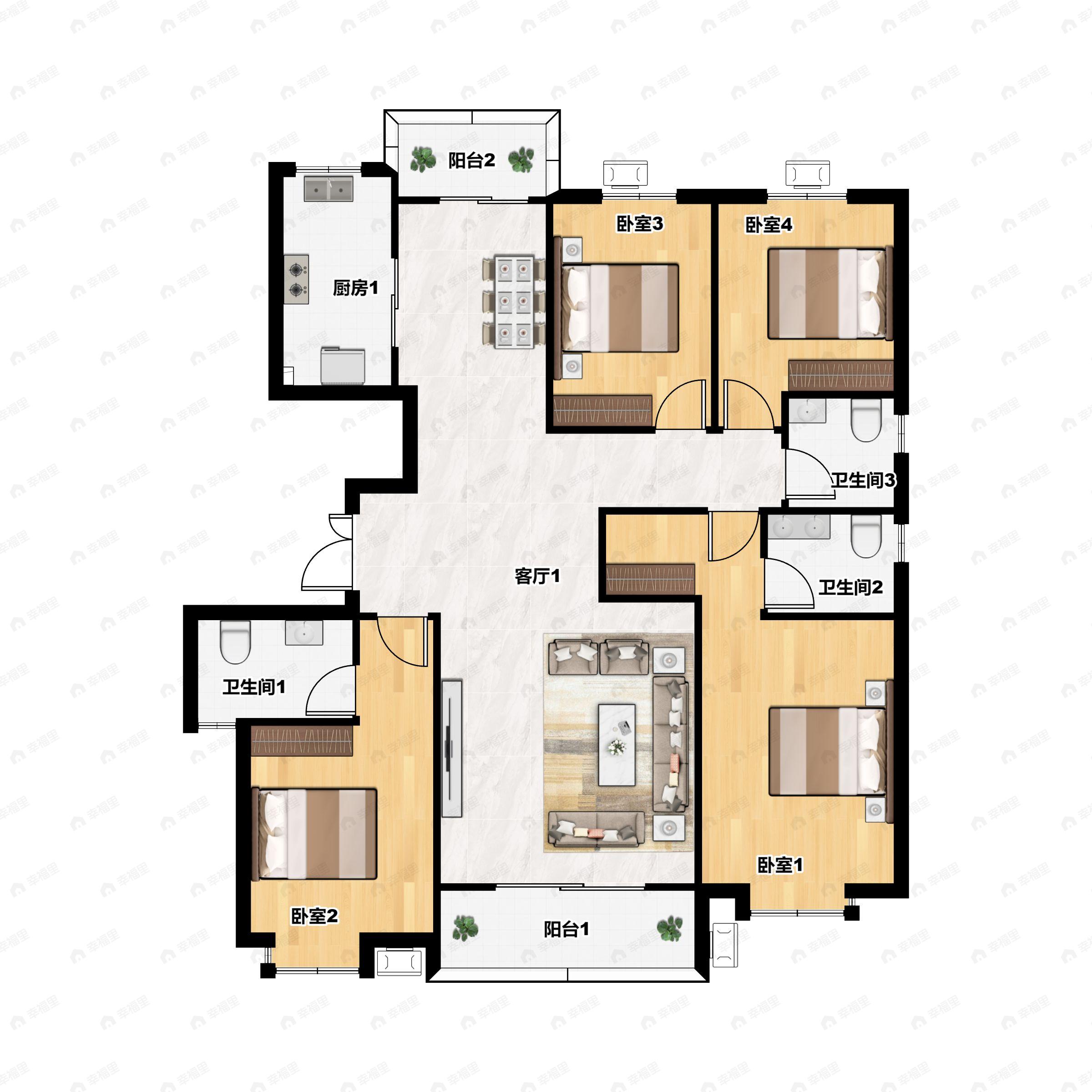 4室2厅3卫建面174平户型图
