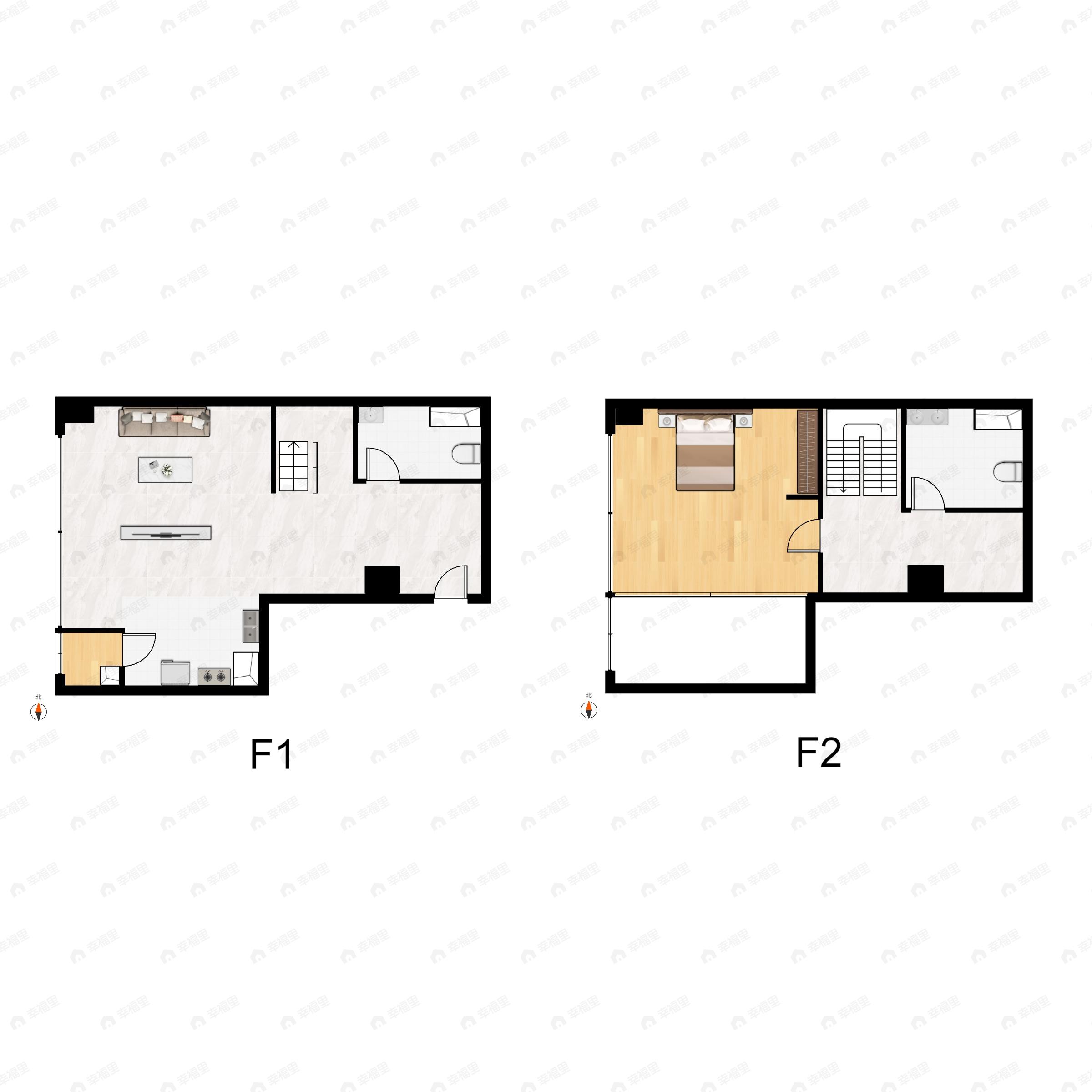1室1厅2卫建面46m²西户型图