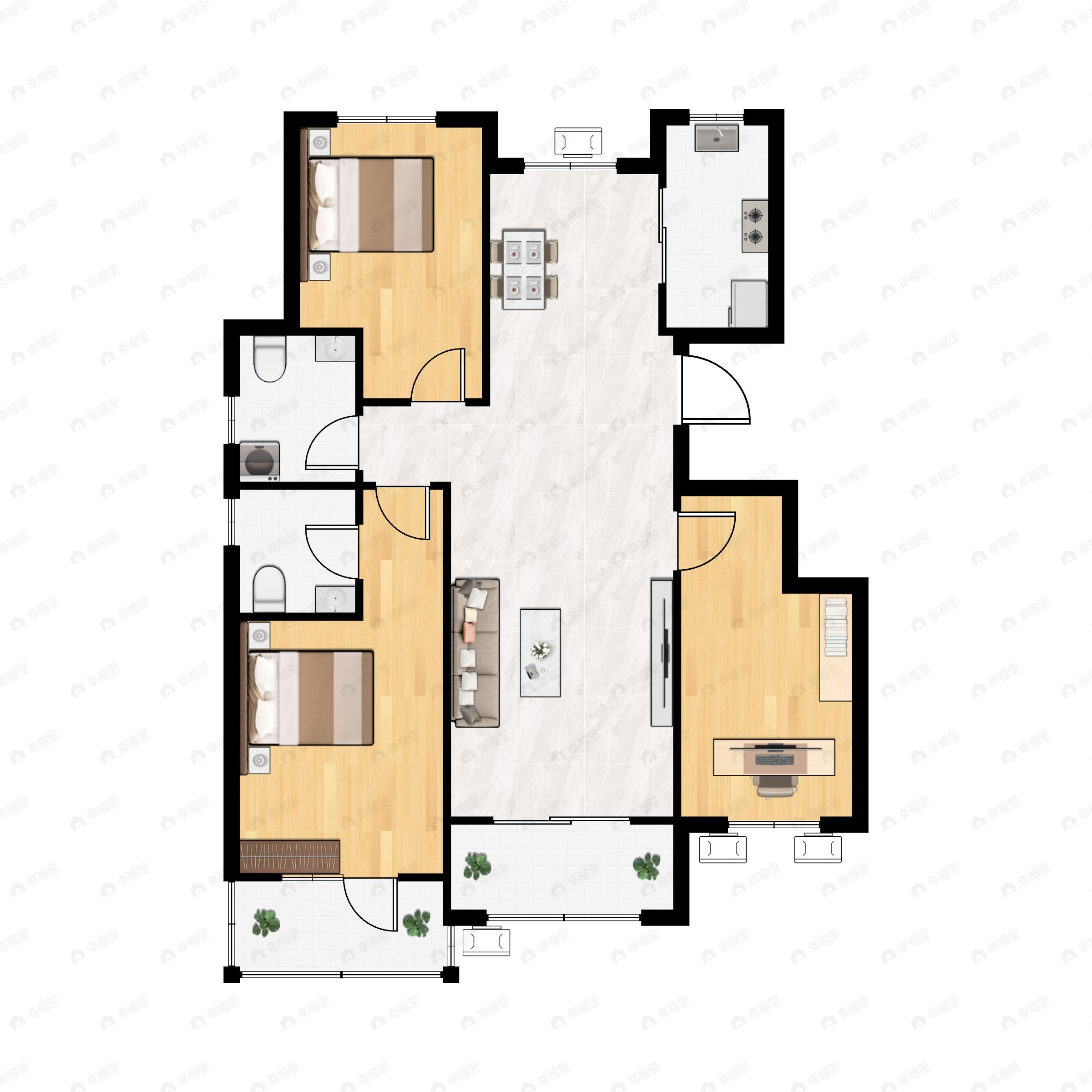 3室2厅2卫建面121平北|南户型图
