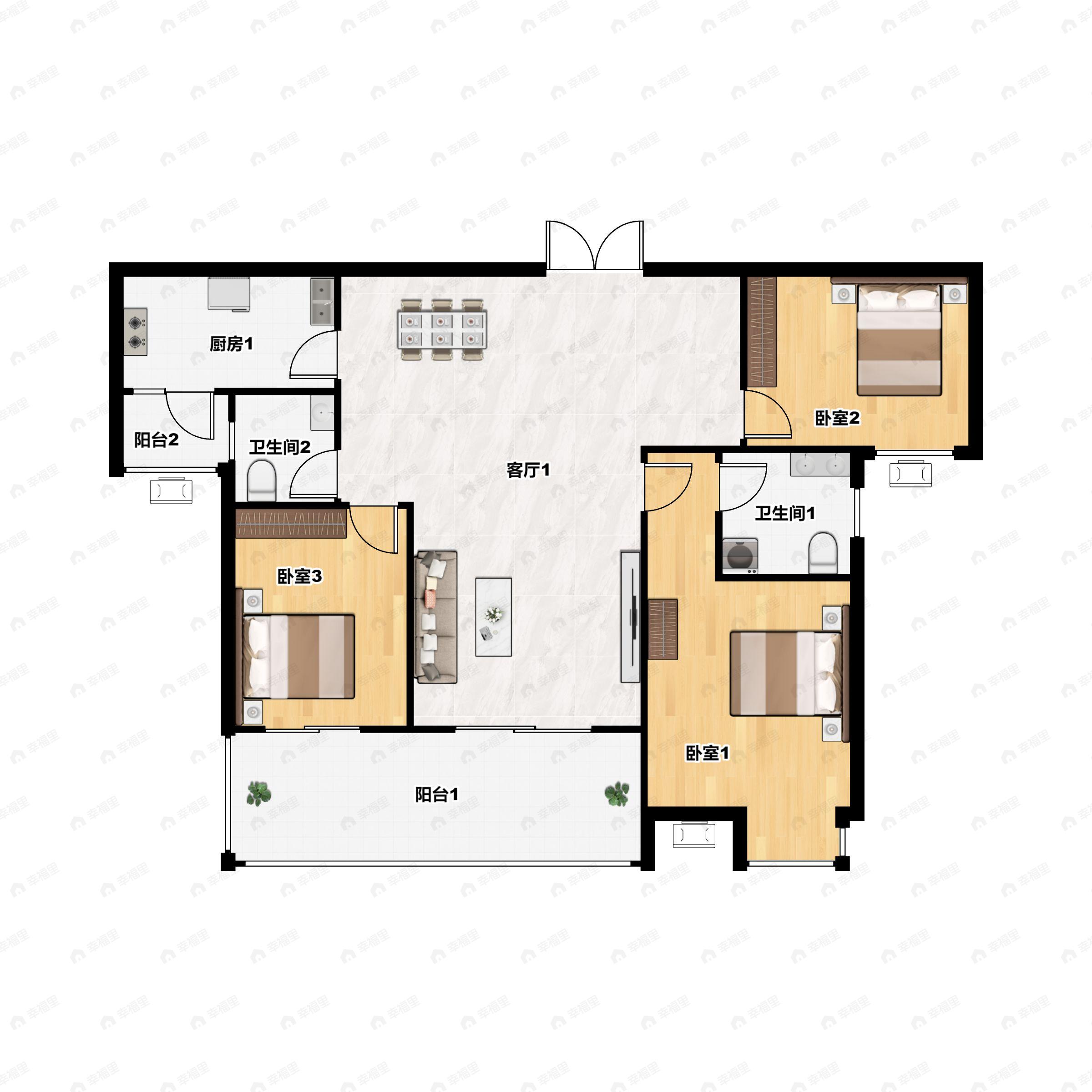 3室2厅2卫建面101平户型图