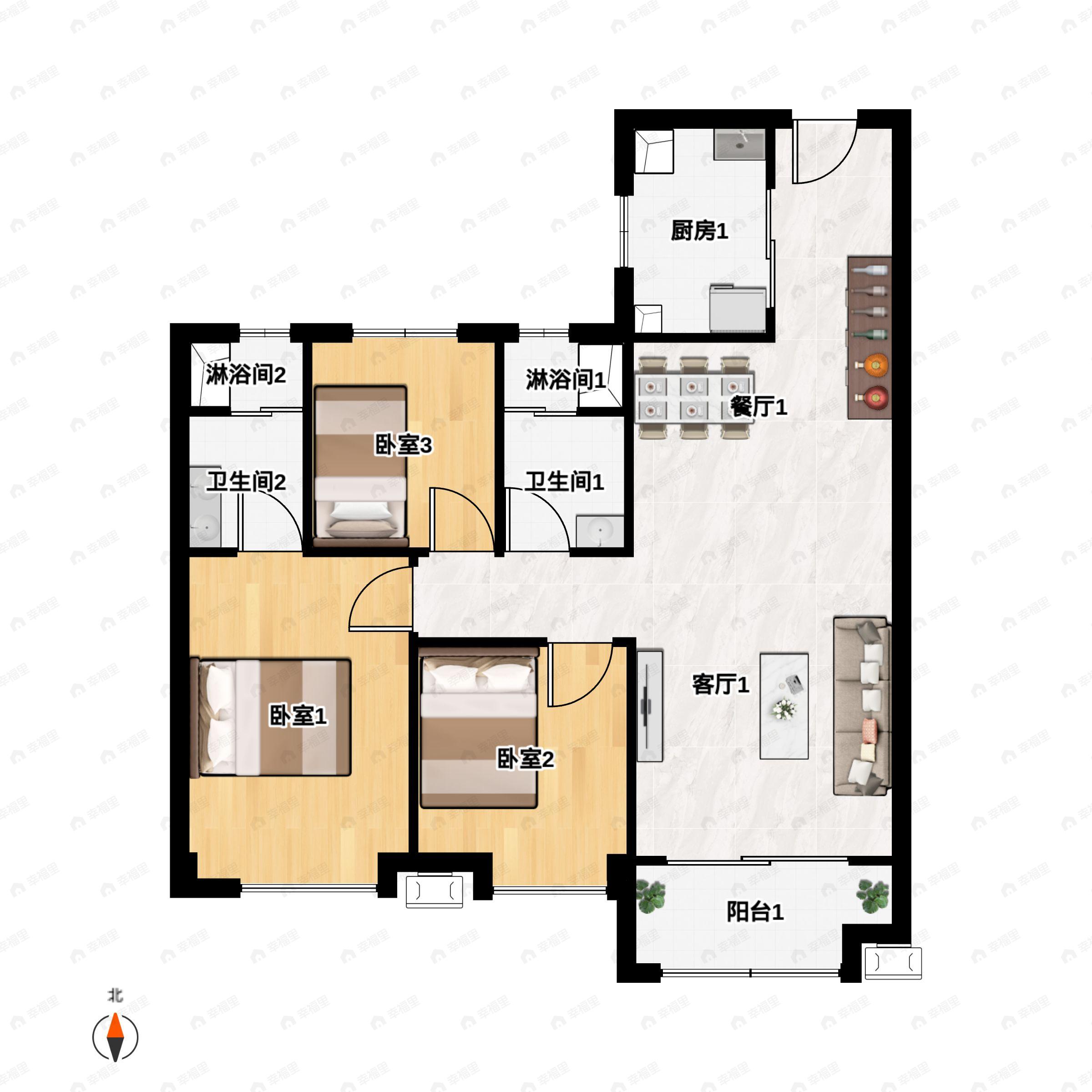 3室2厅2卫建面107平南|北户型图