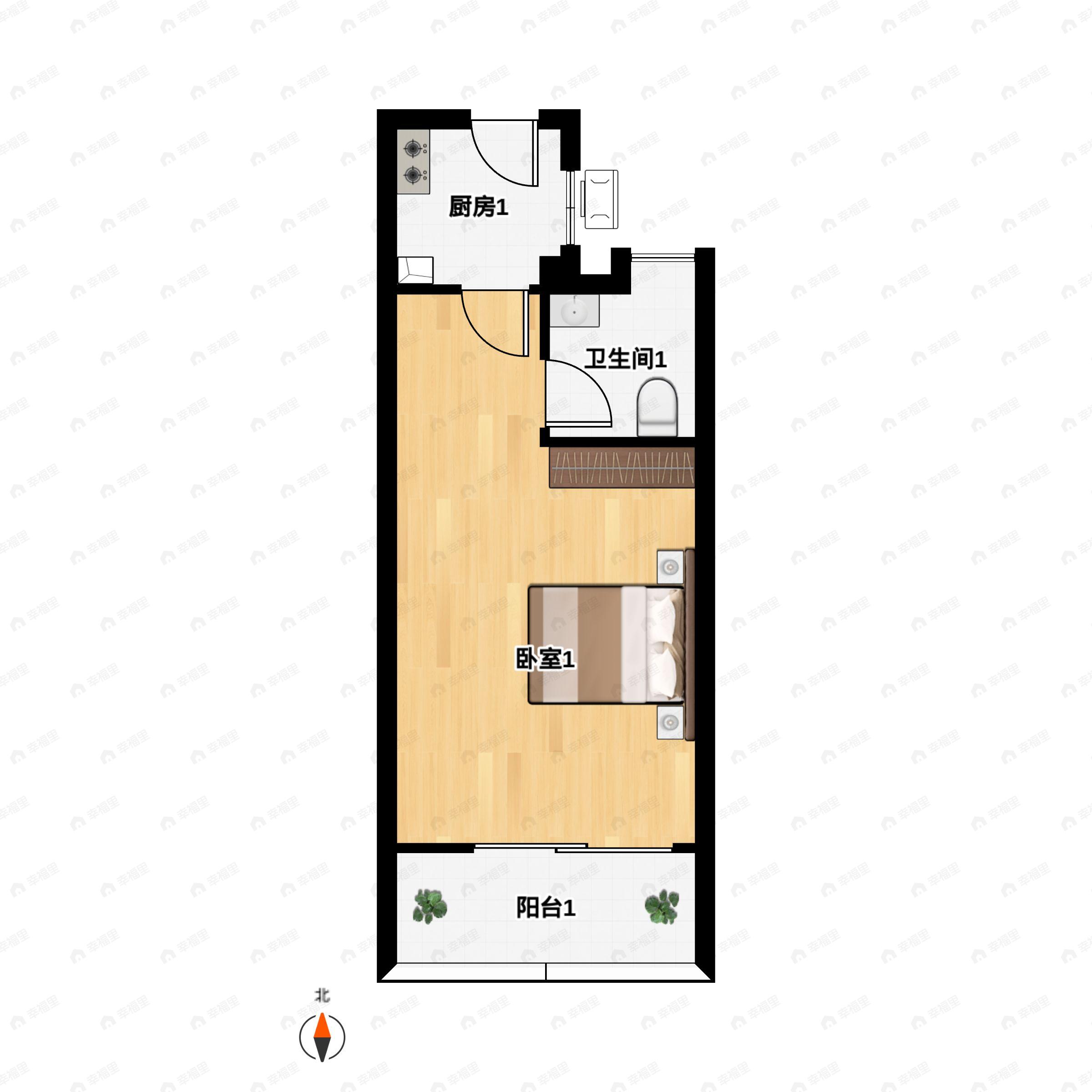 1室1厅1卫建面46m²南户型图