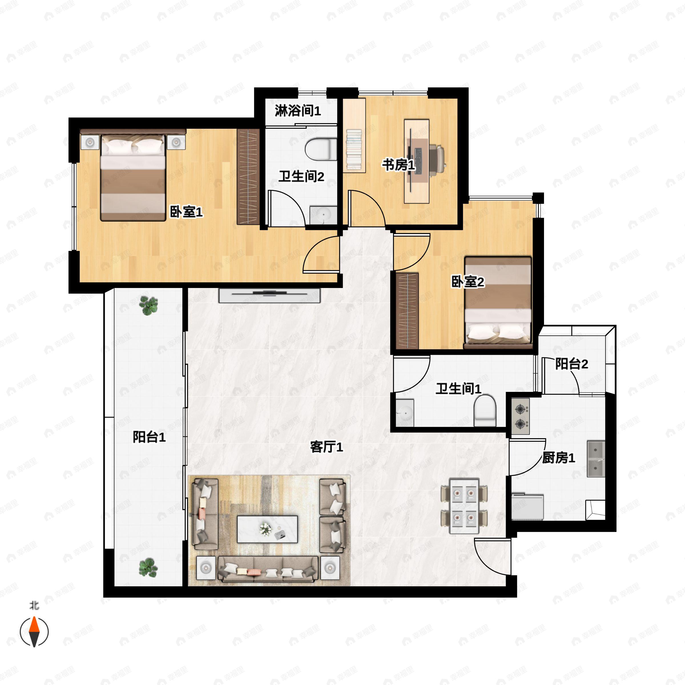 3室2厅2卫建面138m²西户型图