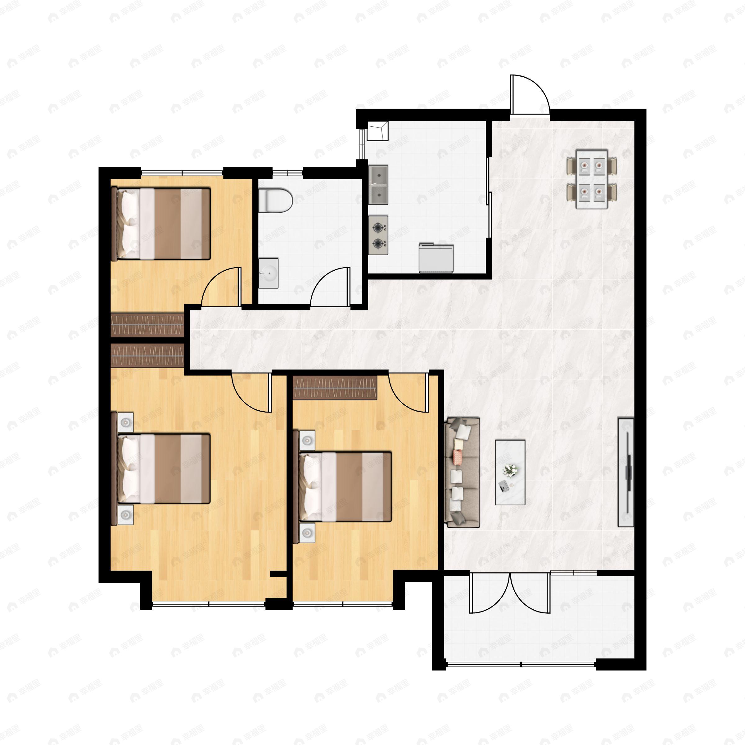 3室2厅1卫建面107m²南户型图