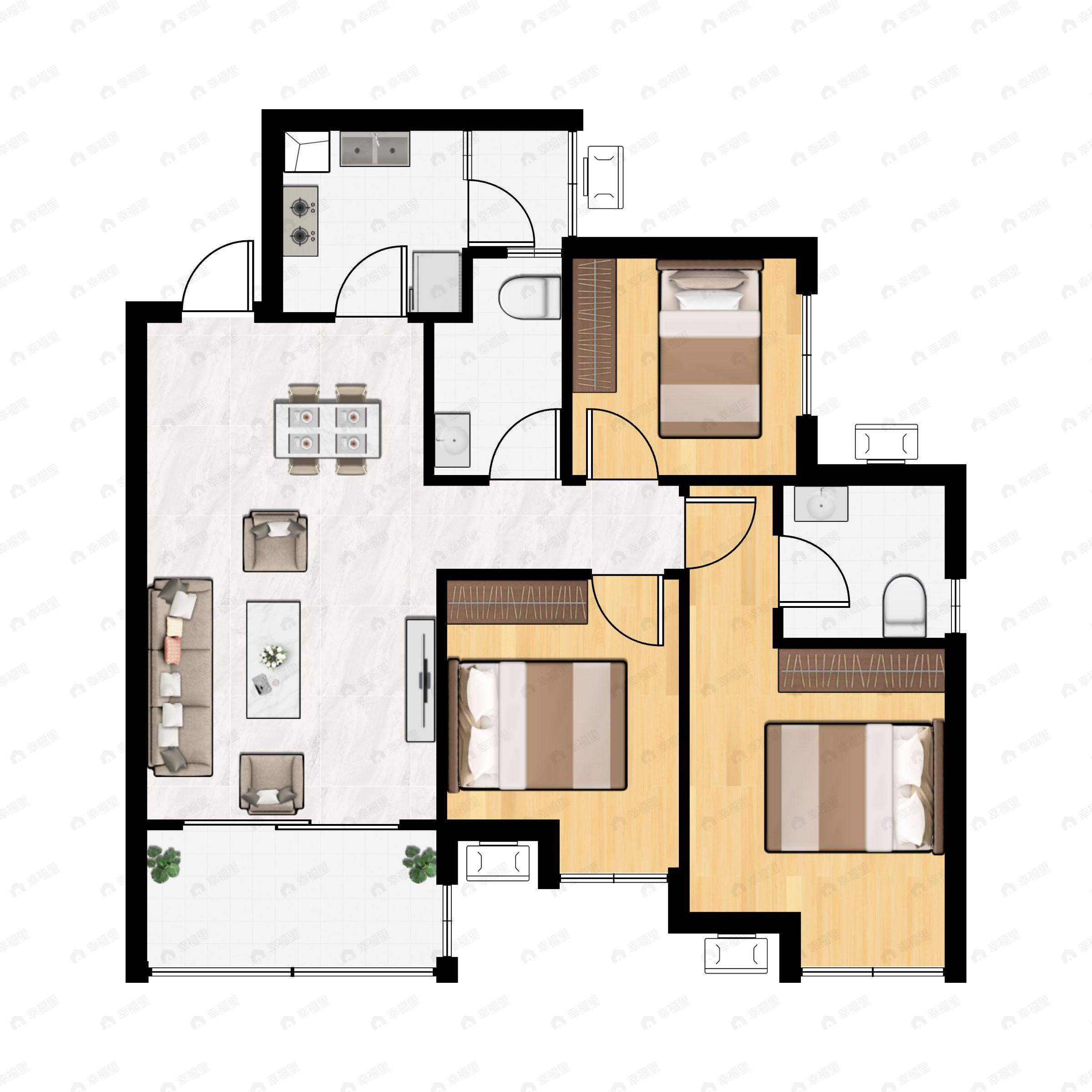 3室2厅2卫建面96m²南户型图