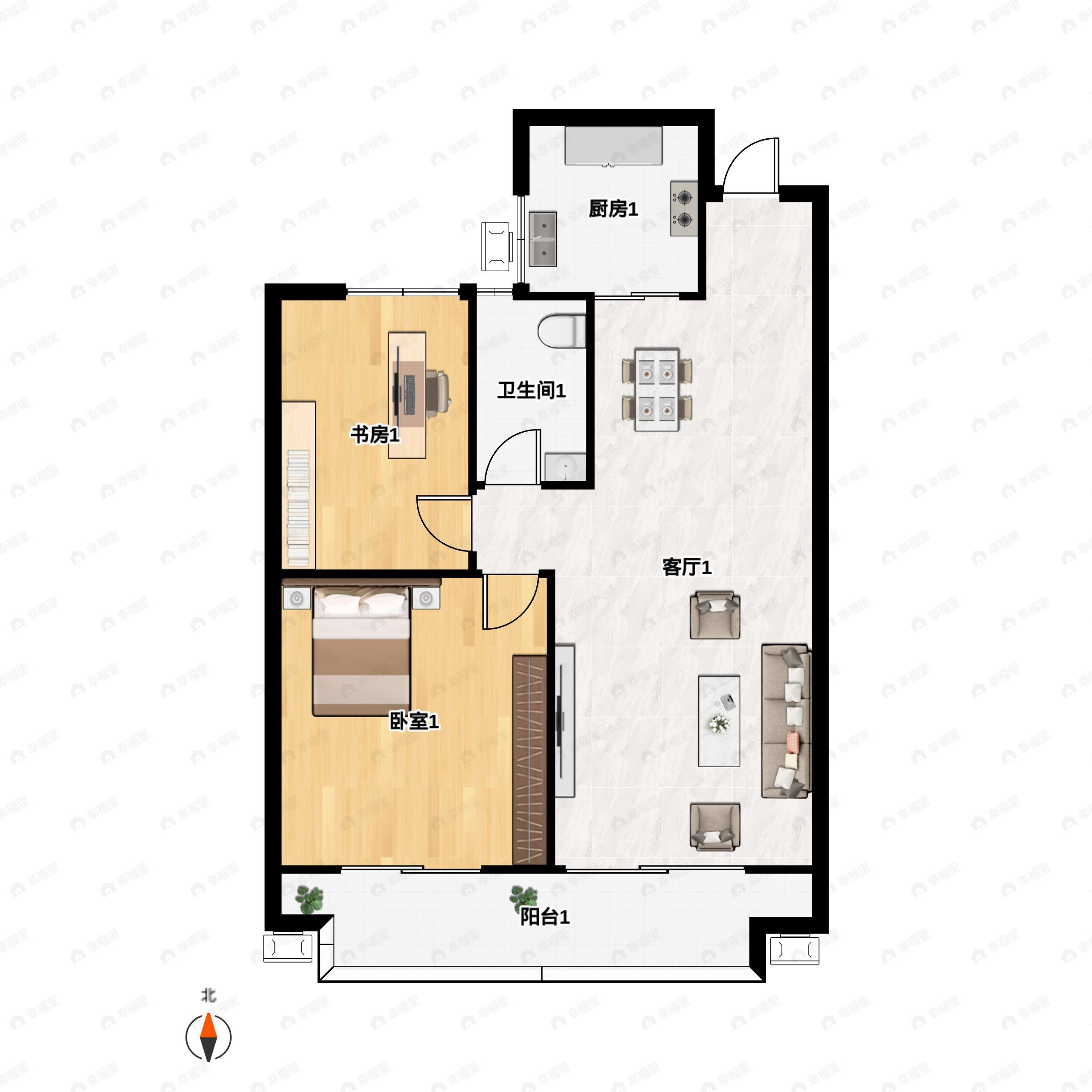 2室2厅1卫建面75m²北|南户型图