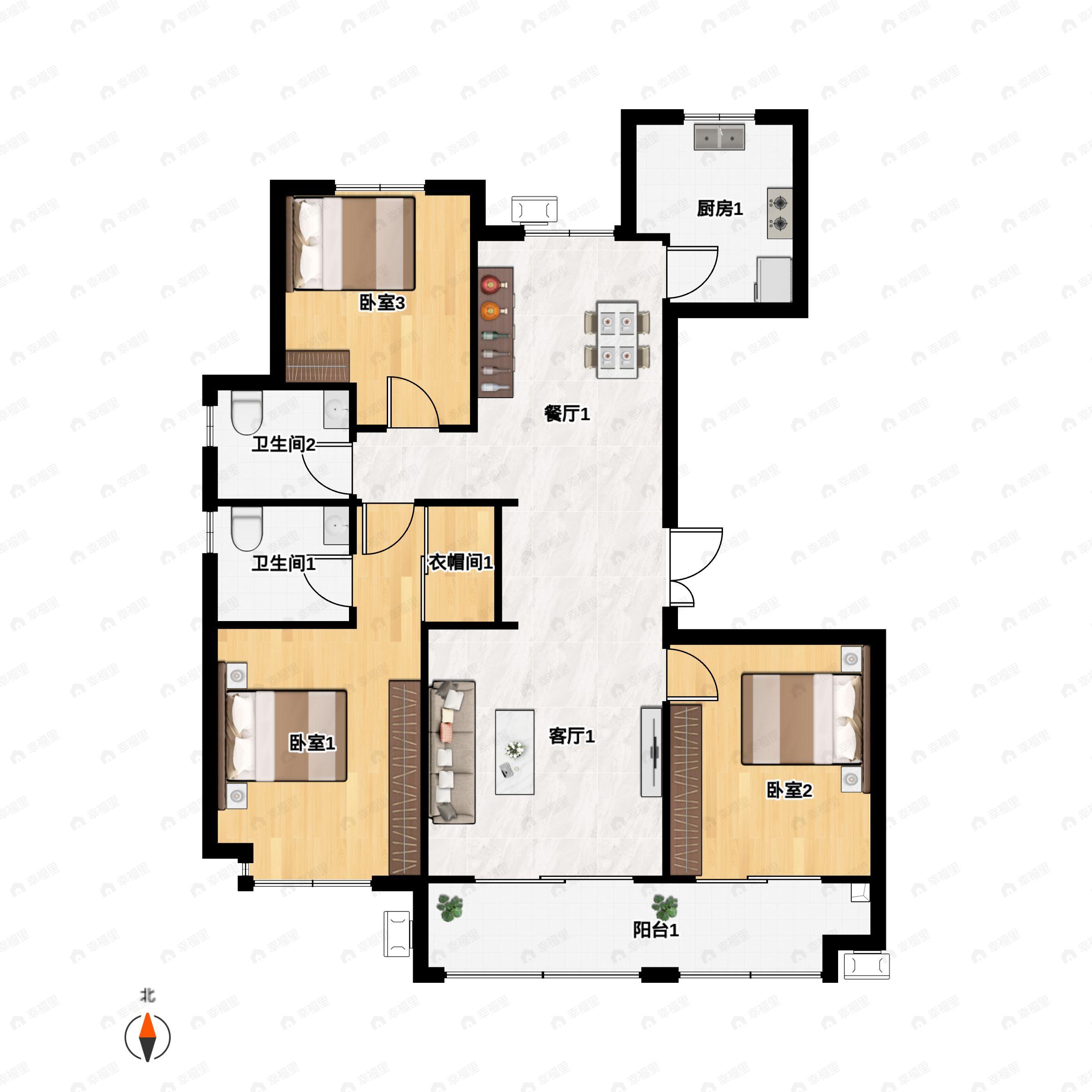 3室2厅2卫建面145平户型图