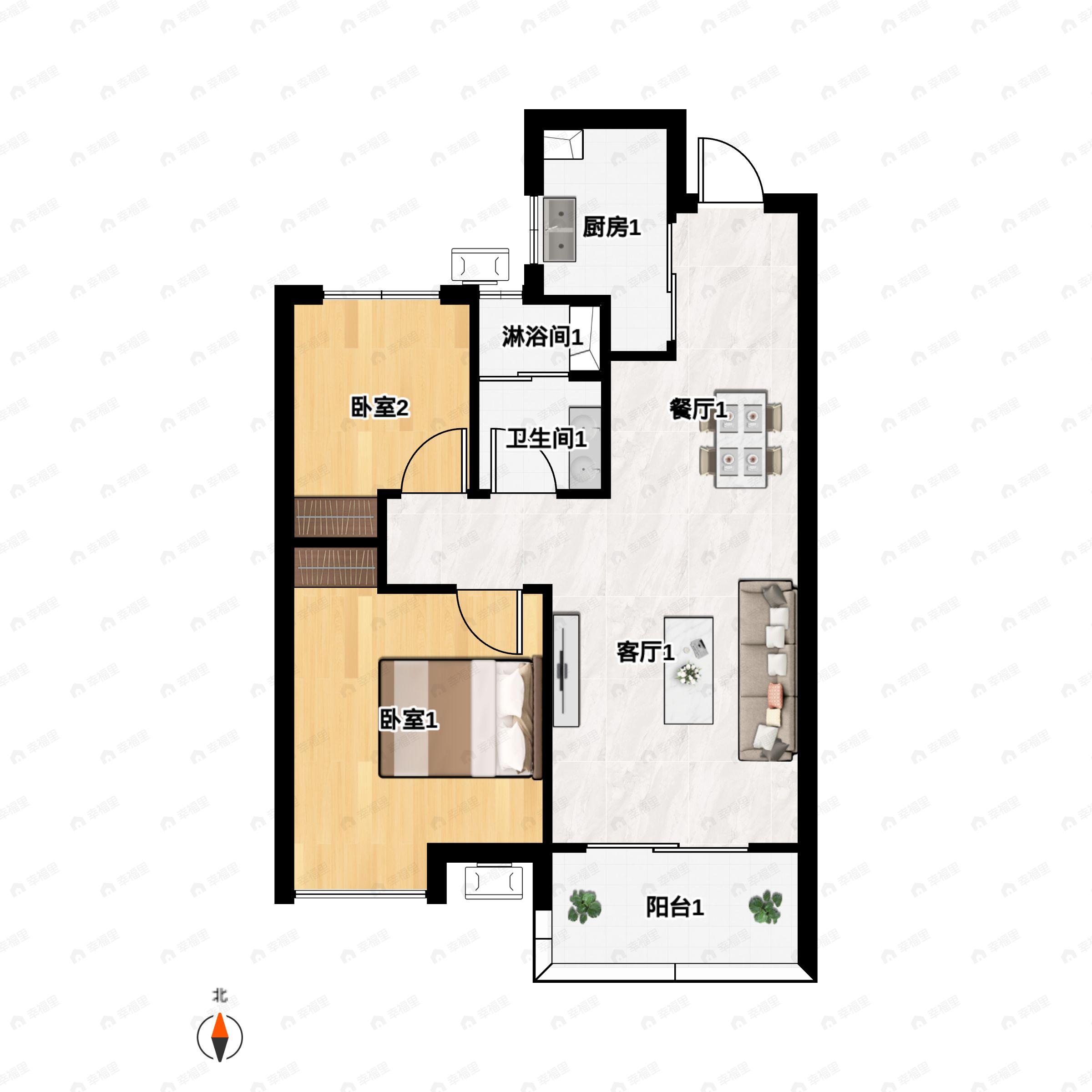 2室2厅1卫建面75m²南户型图