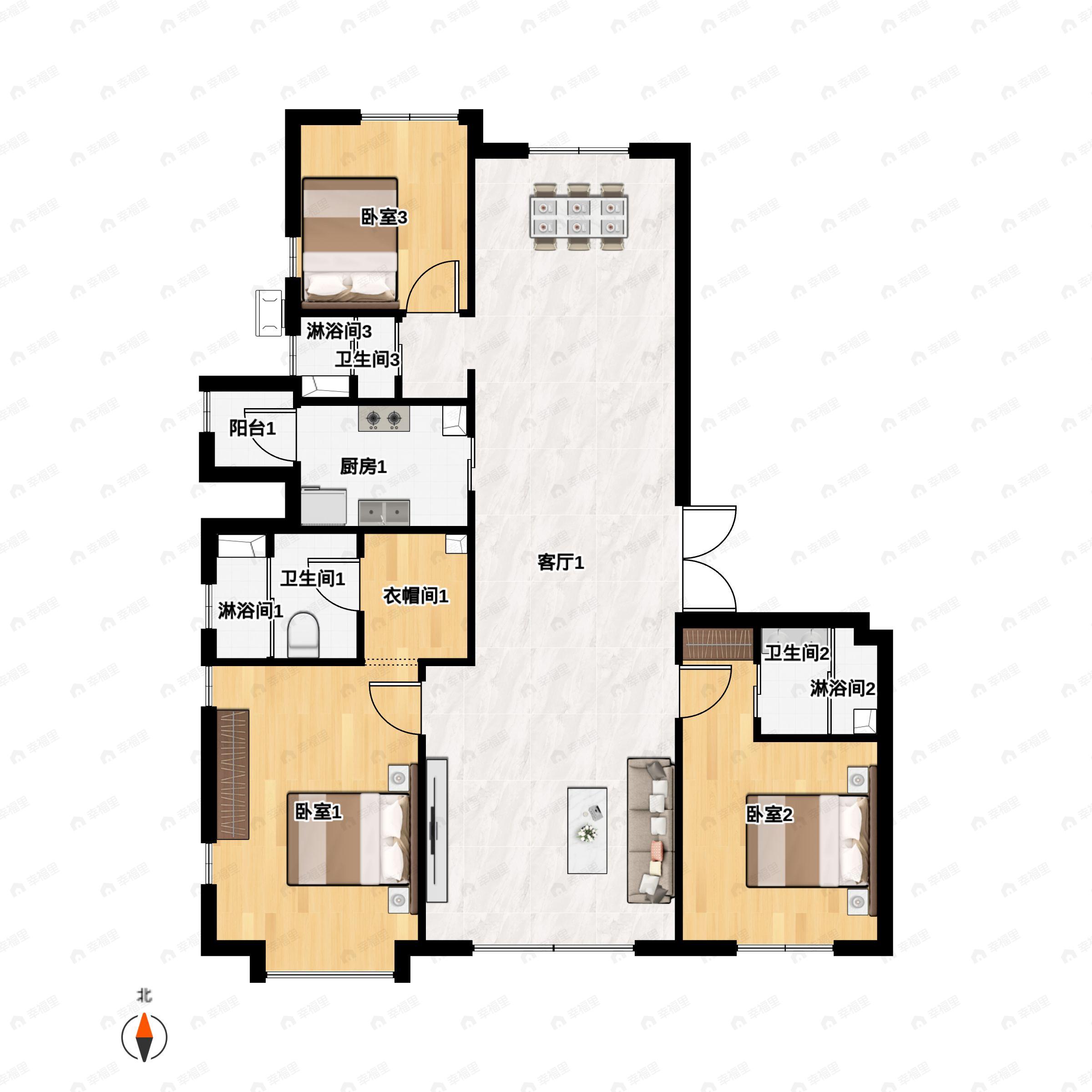 3室2厅3卫建面209平户型图
