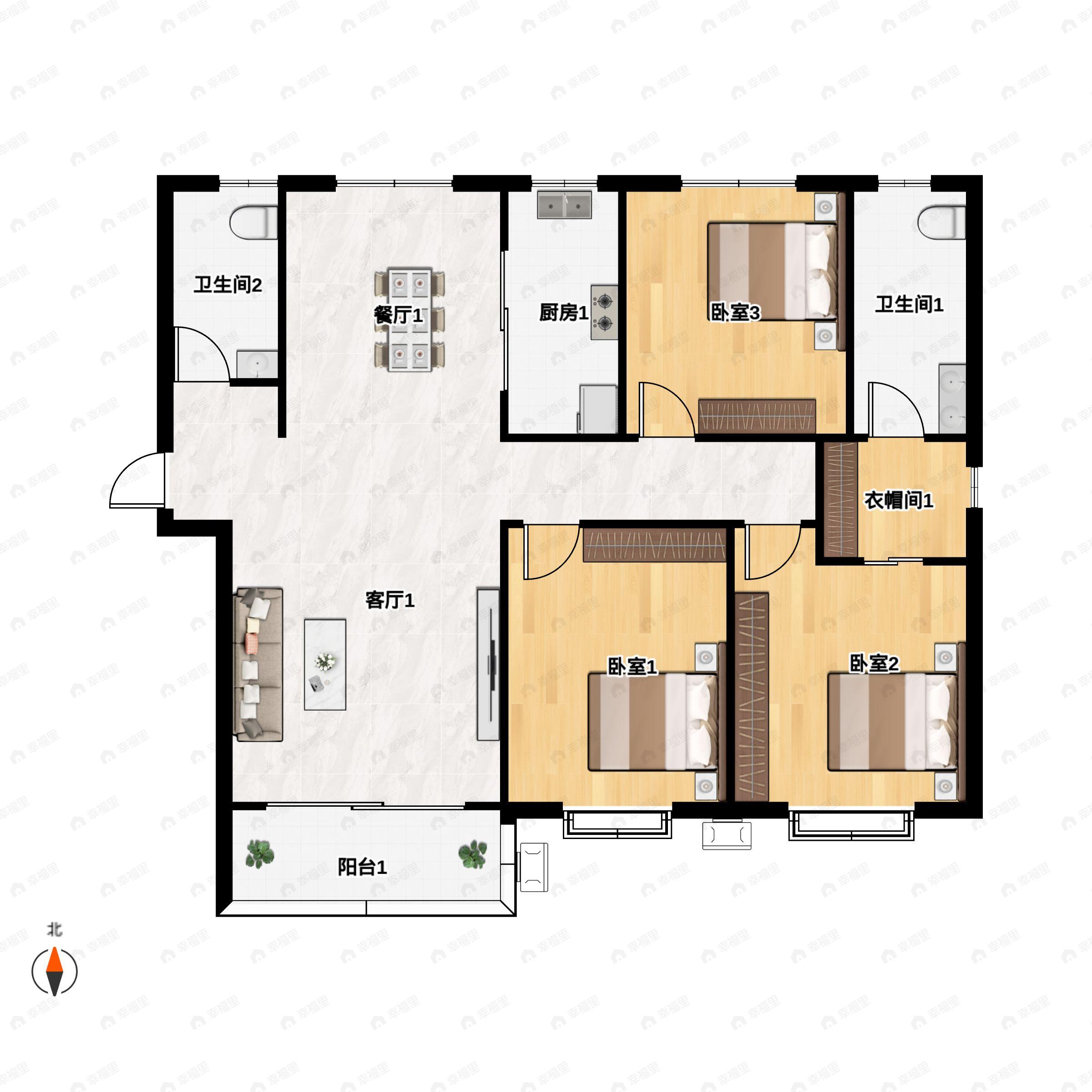 3室2厅2卫建面145平北|南户型图