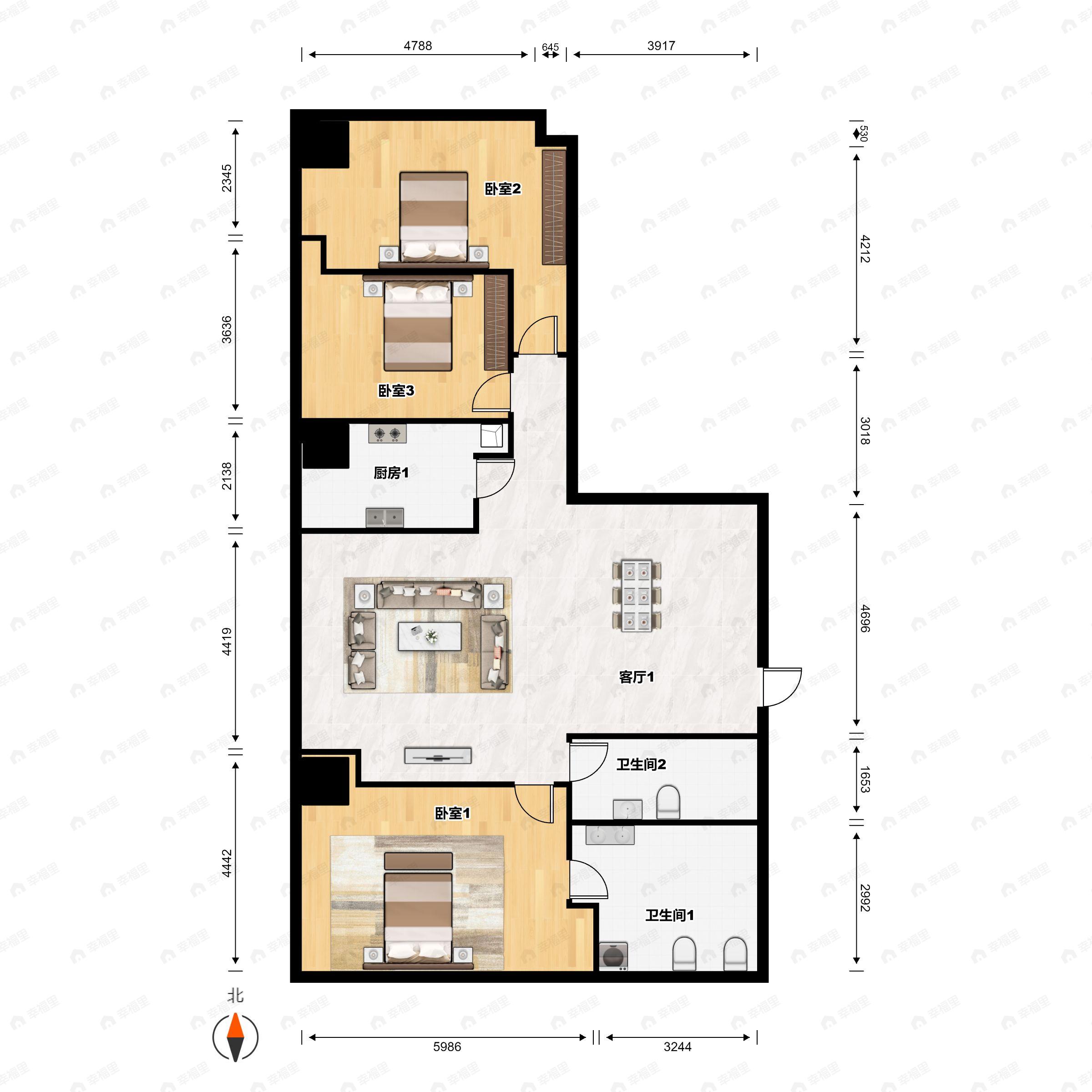 3室2厅2卫建面182平西|南户型图