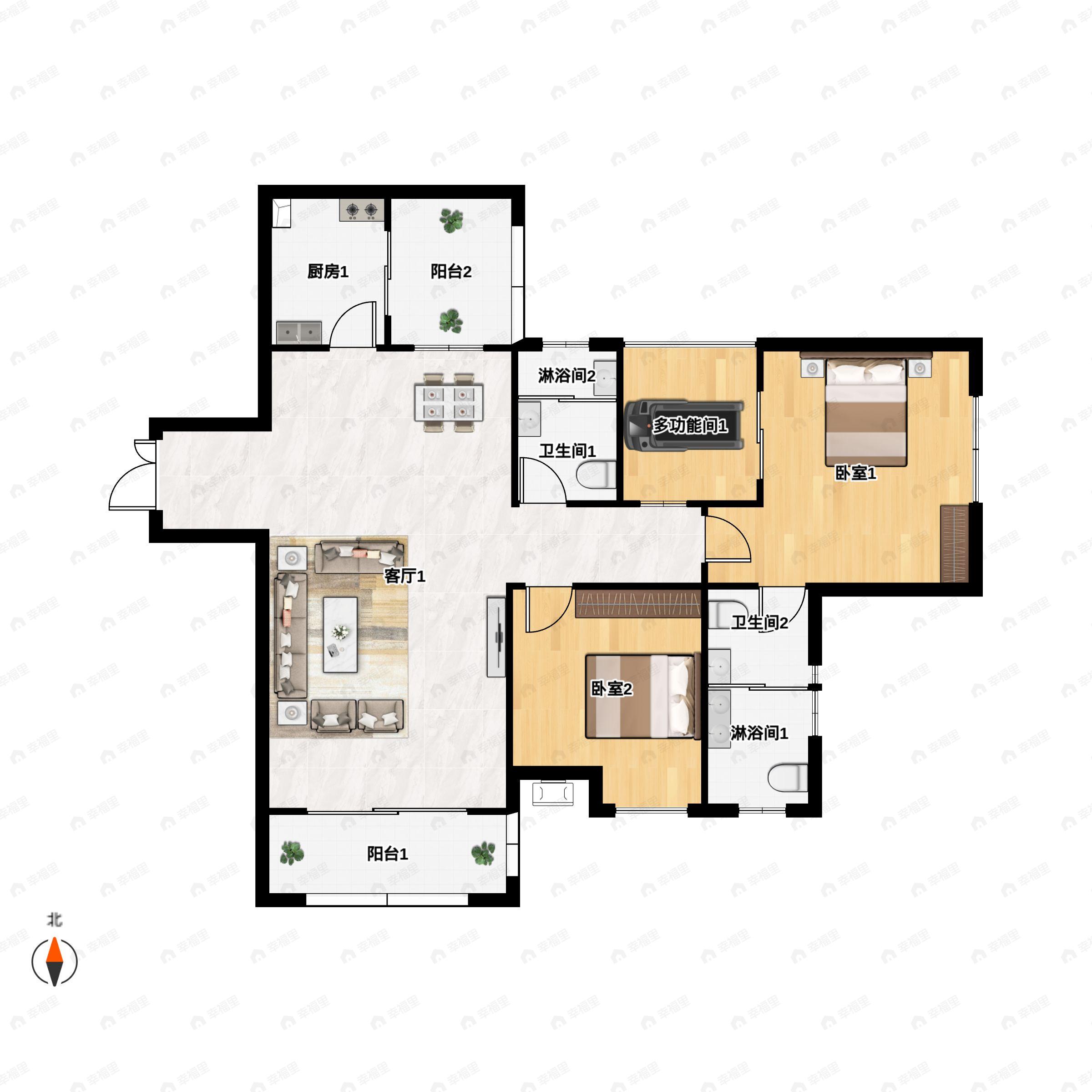 2室2厅2卫建面95平户型图