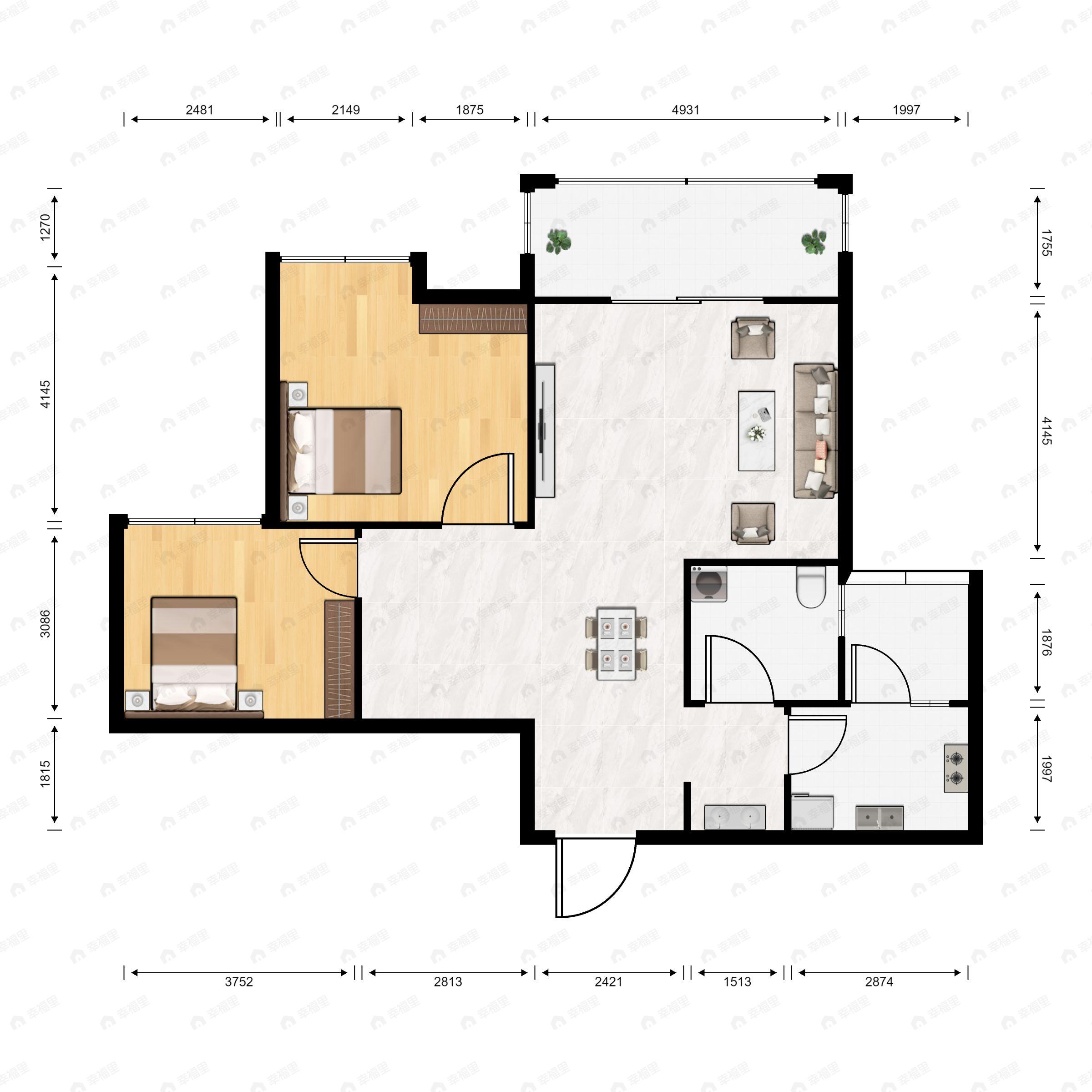 2室2厅1卫建面73平户型图