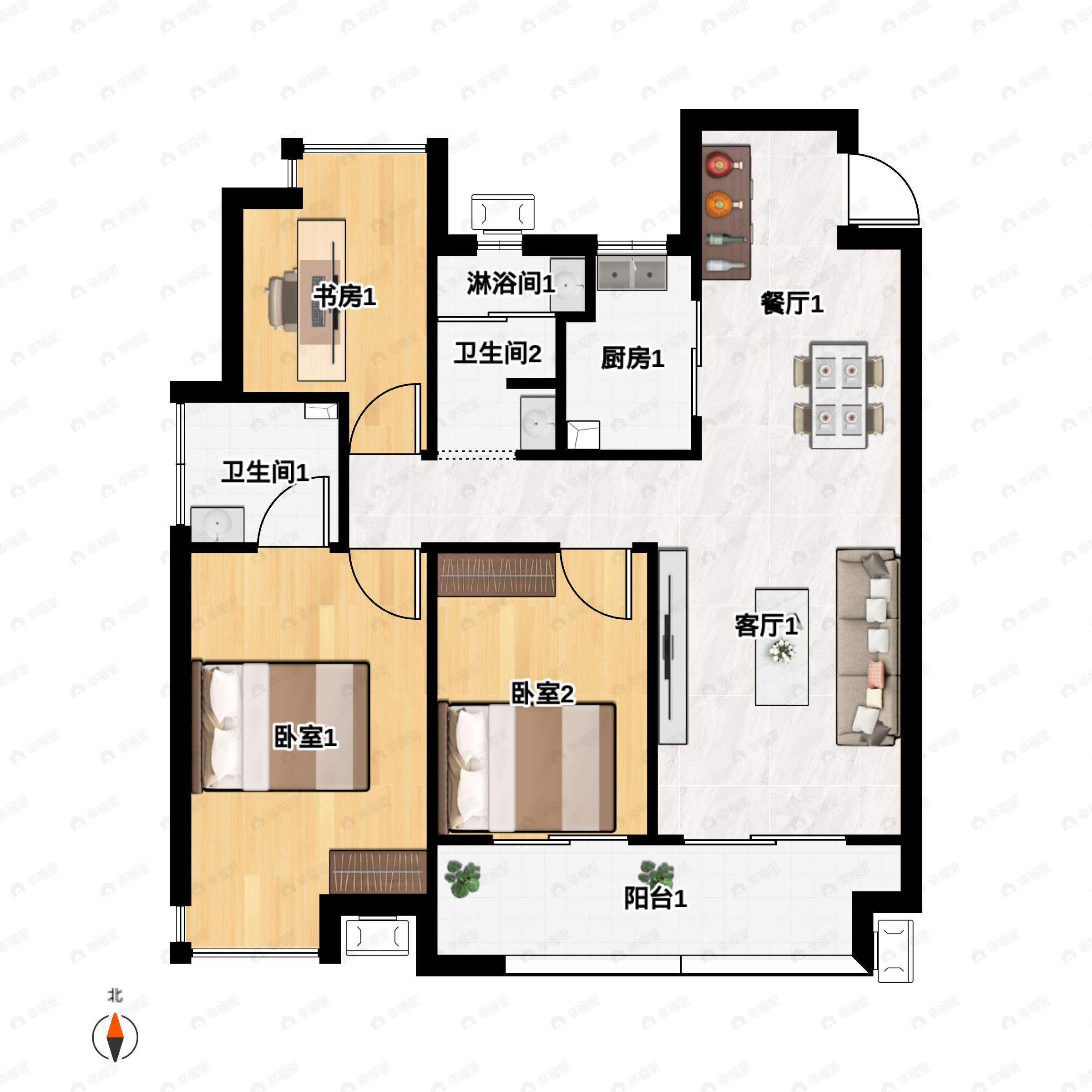 3室2厅2卫建面109m²南户型图