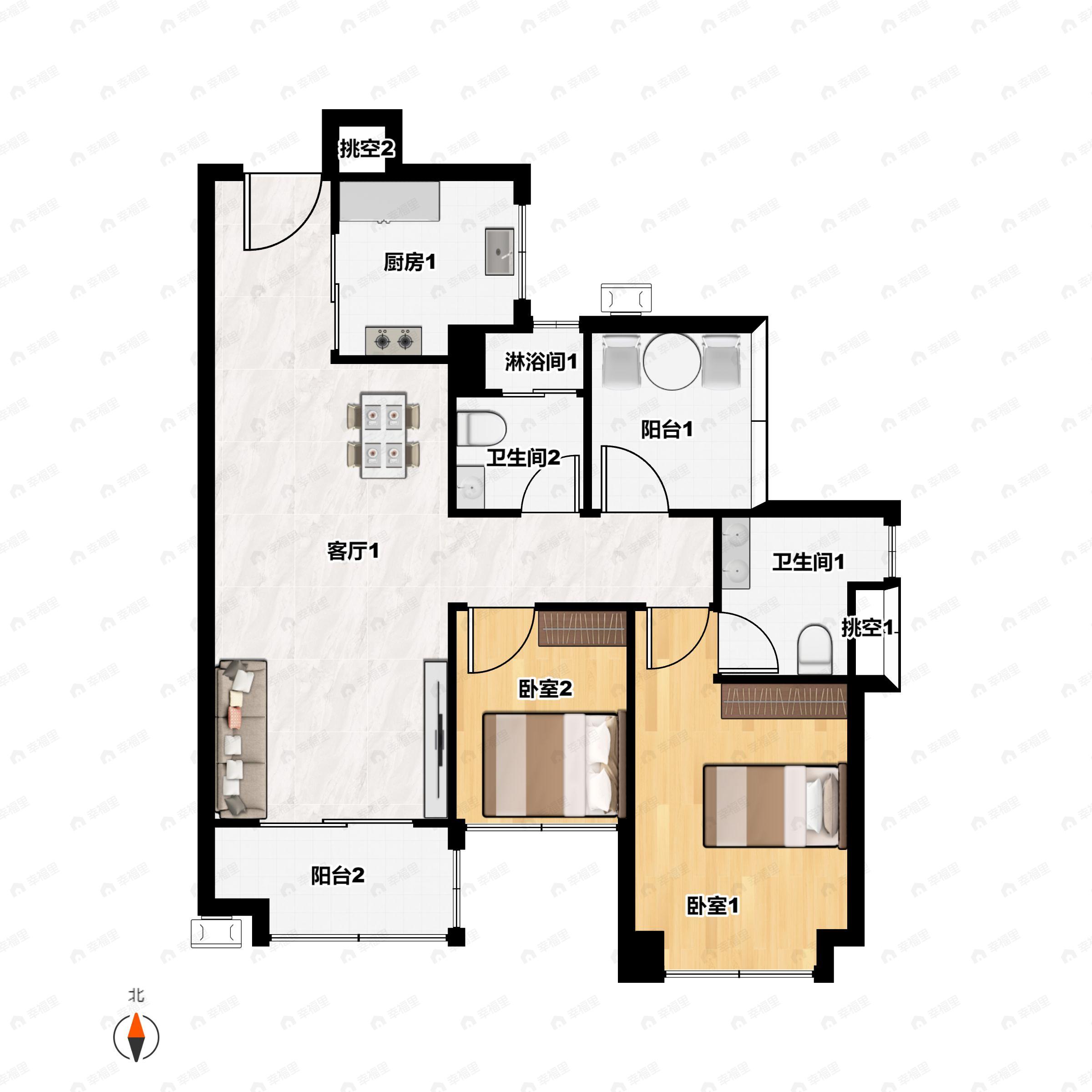 3室2厅2卫建面83平南户型图
