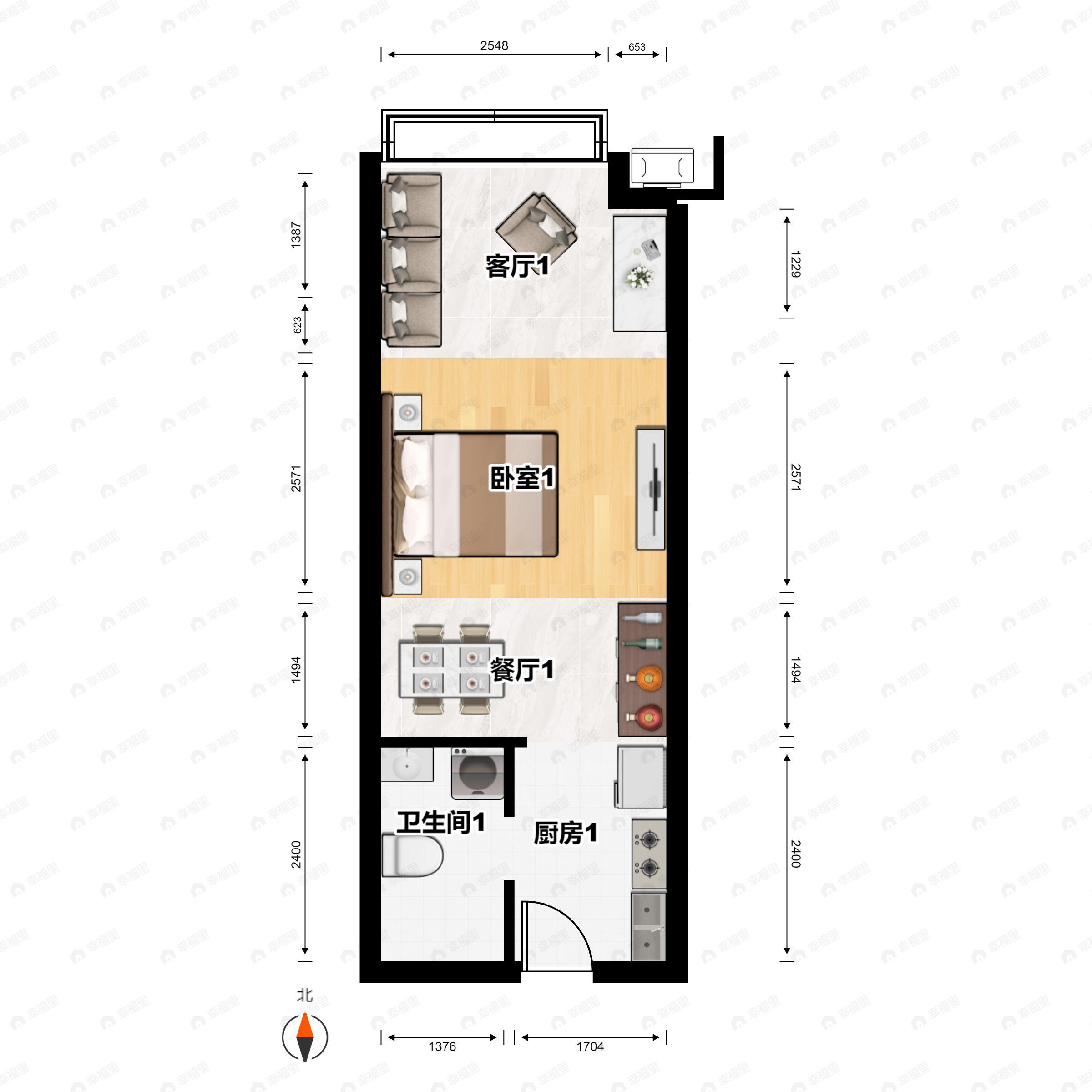 1室1厅1卫建面47平南户型图