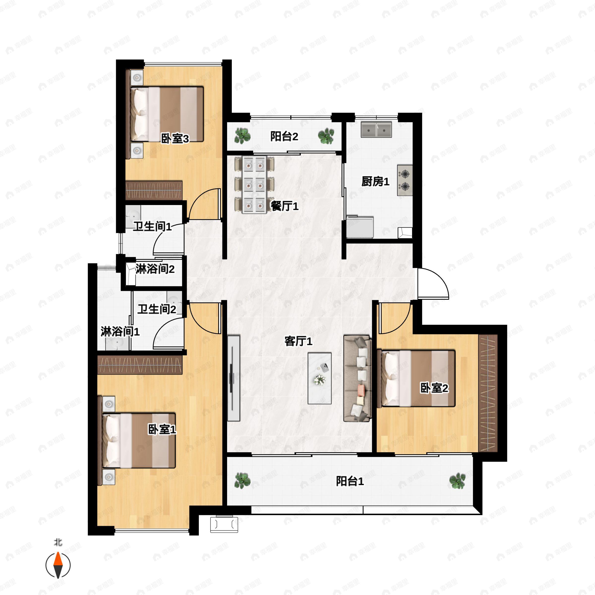 3室2厅2卫建面125m²南户型图
