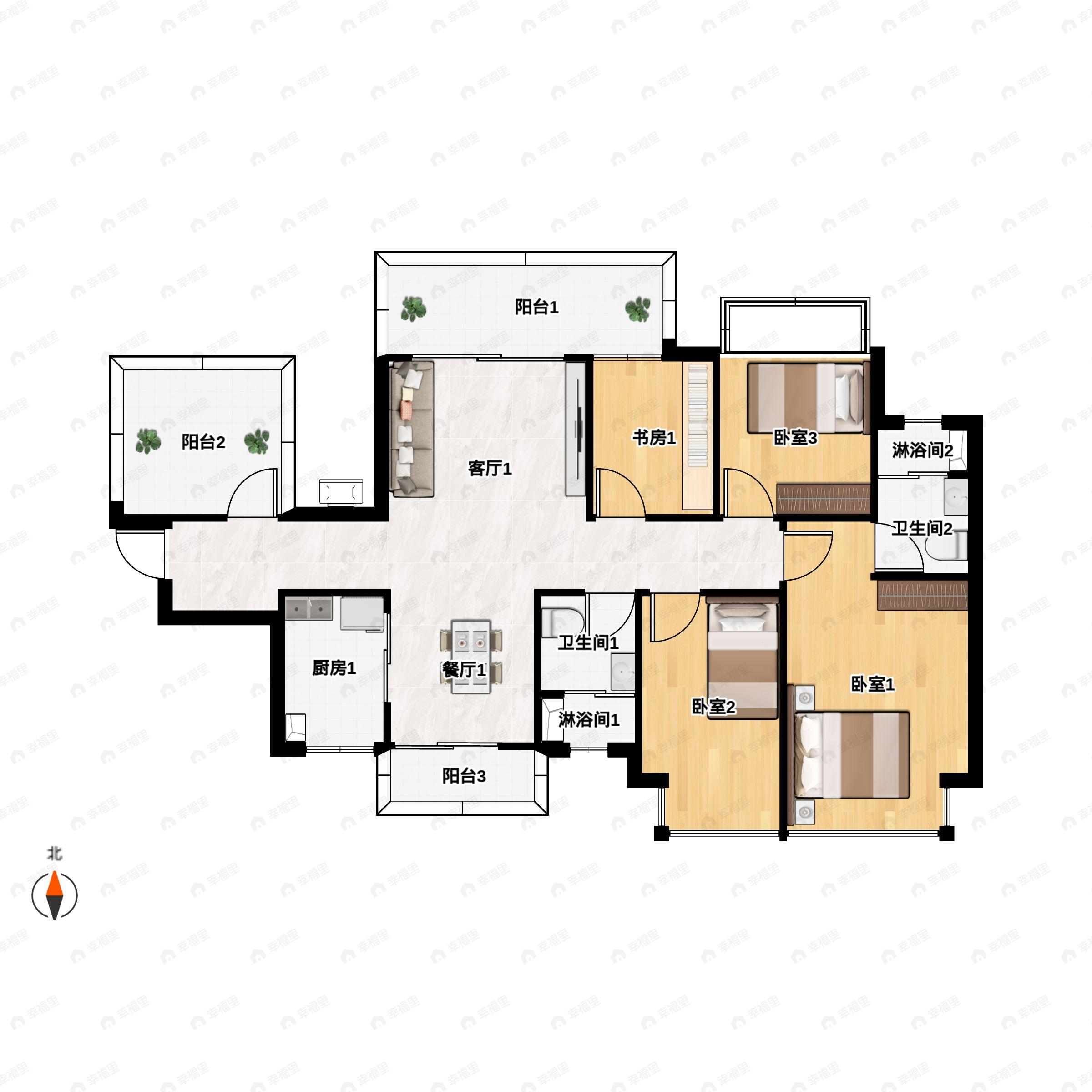 3室2厅2卫建面110平南|北户型图