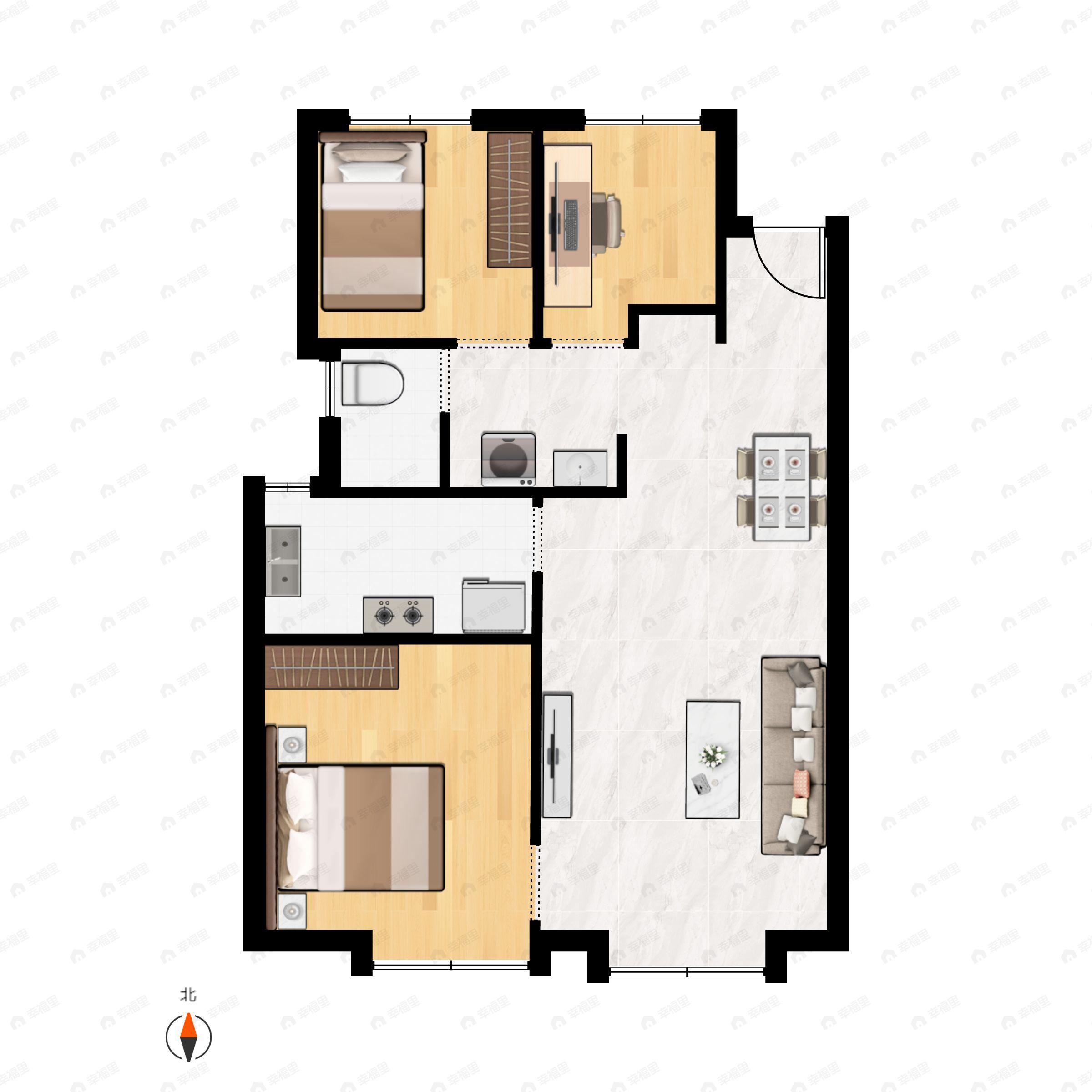 3室2厅1卫建面90平北|南户型图