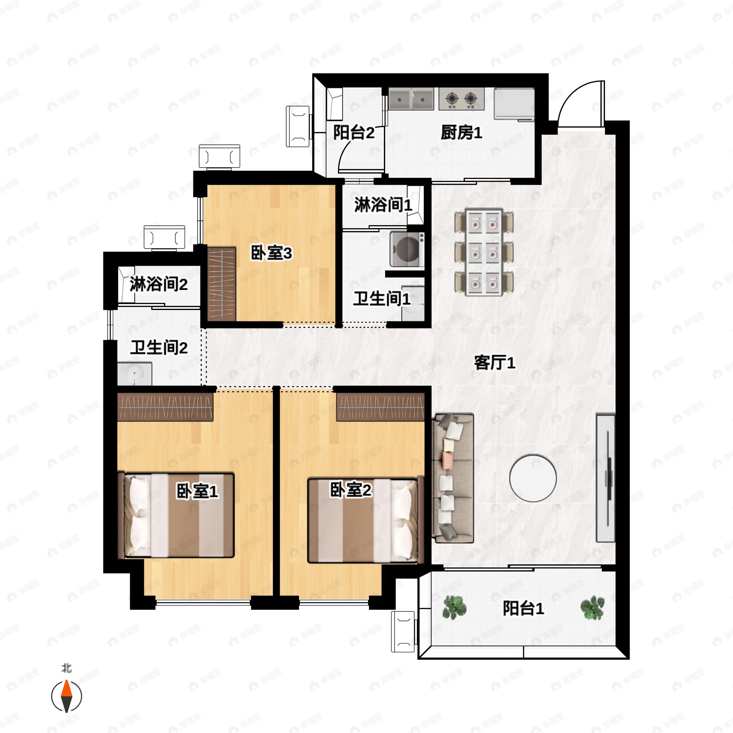 东基四季金谷3室2厅2卫户型图