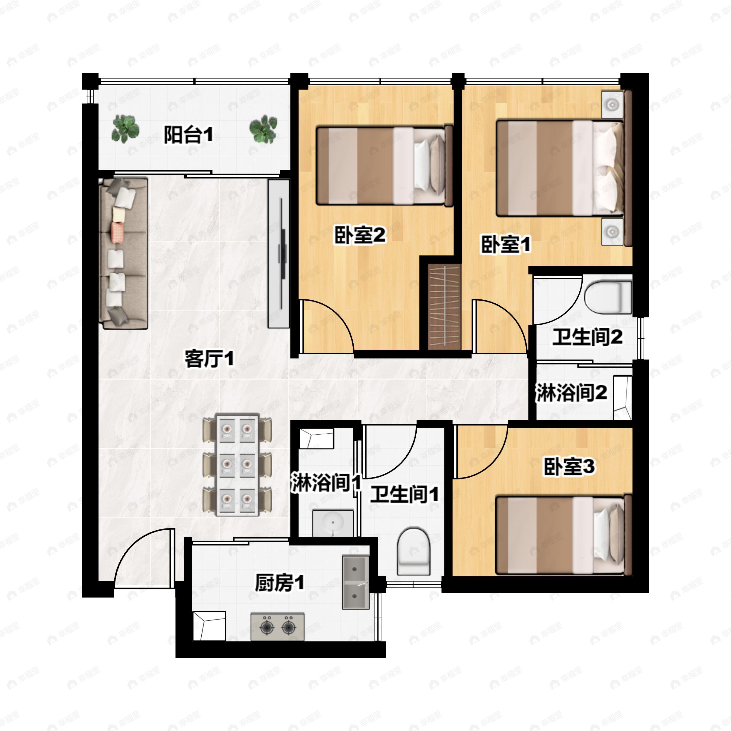 3室2厅2卫建面87平户型图