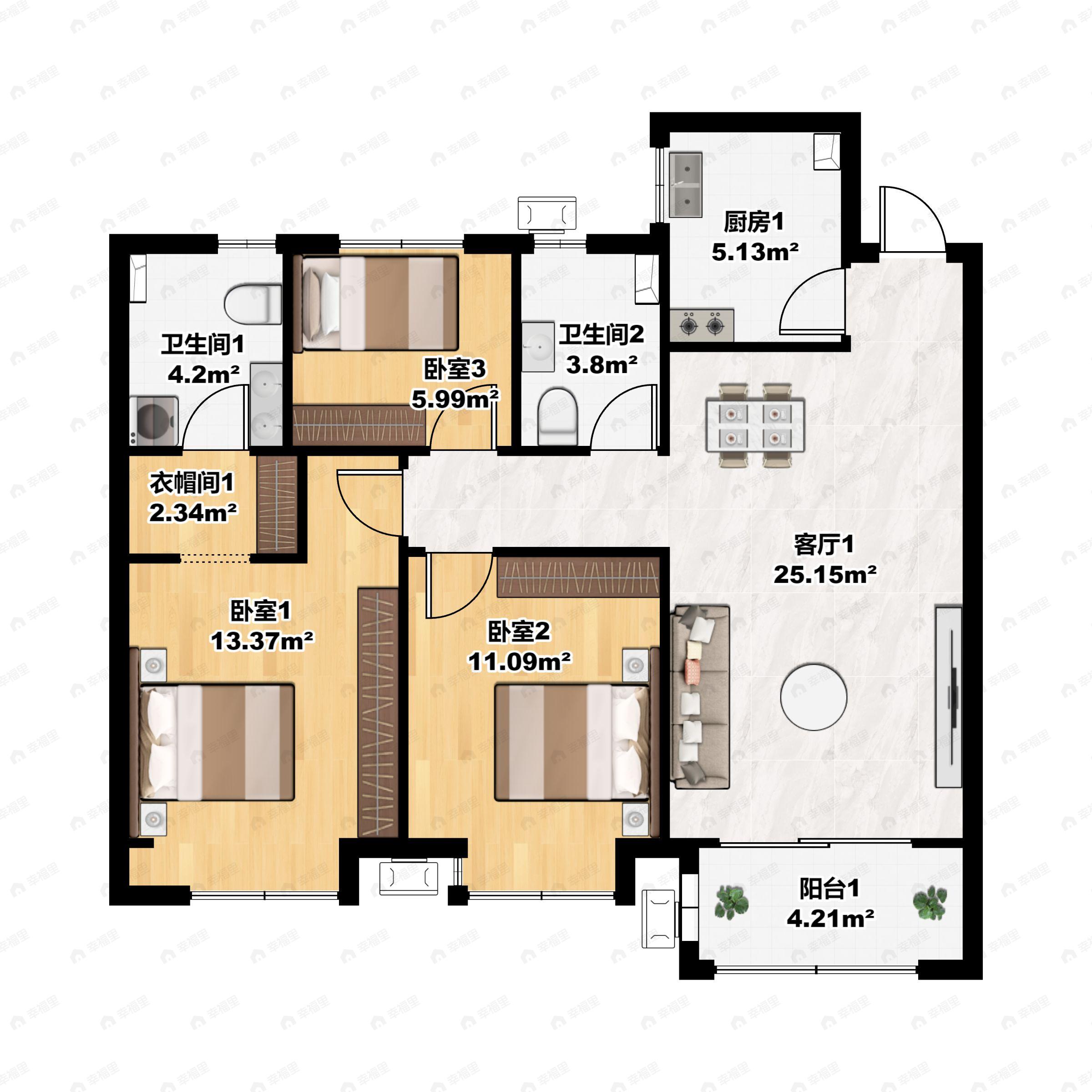 3室2厅2卫建面105m²南户型图