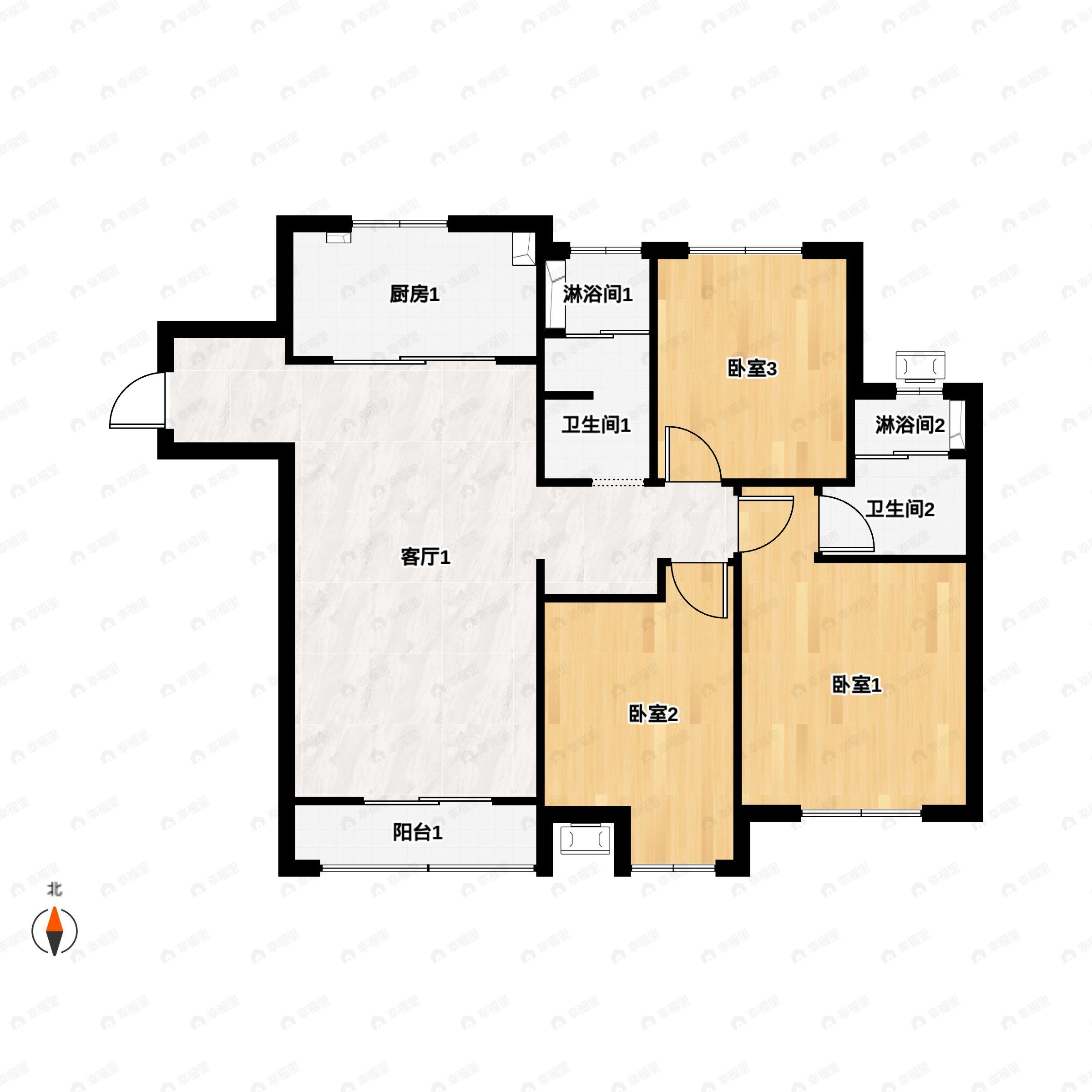 3室2厅2卫建面128平北|南户型图