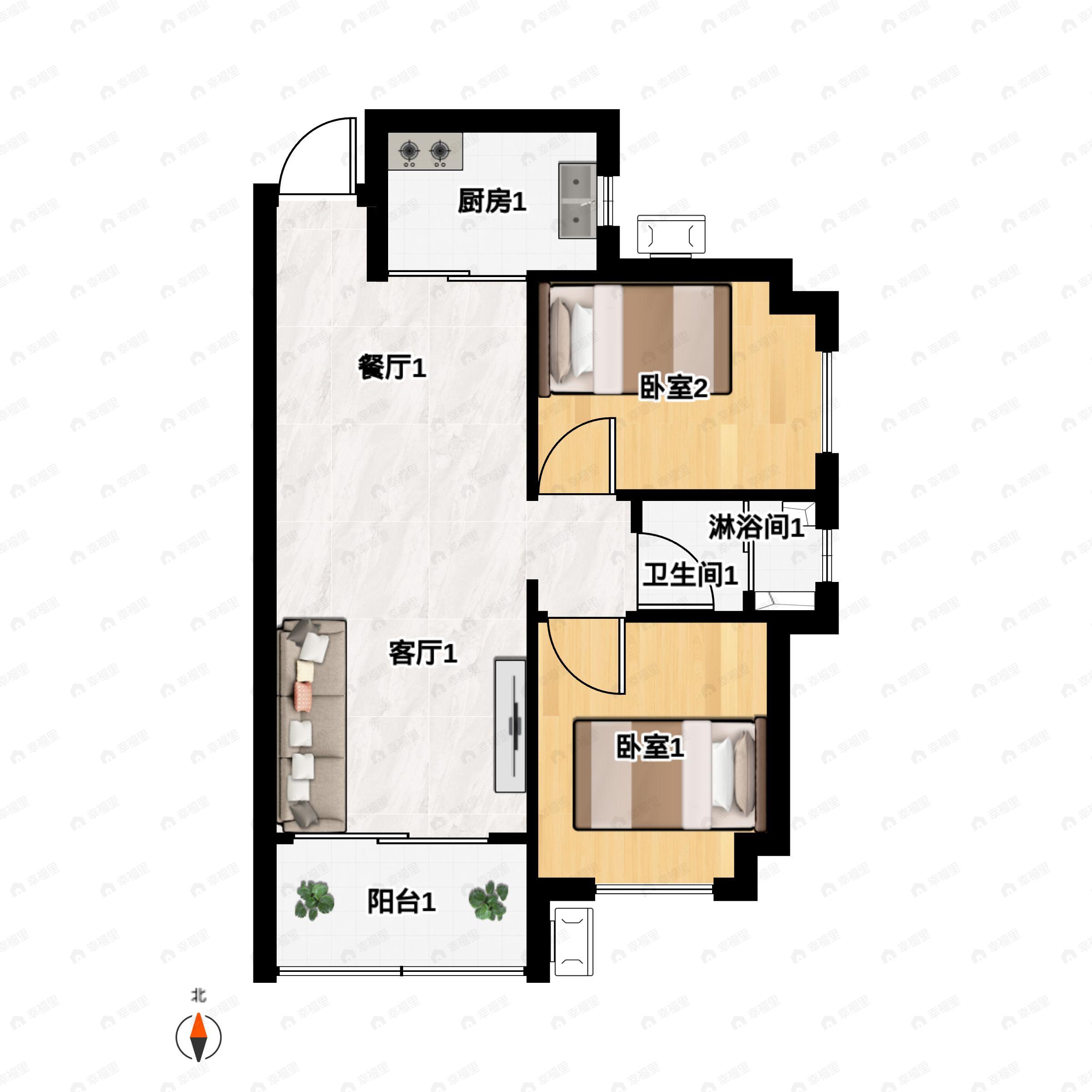 2室2厅1卫建面66m²西南户型图