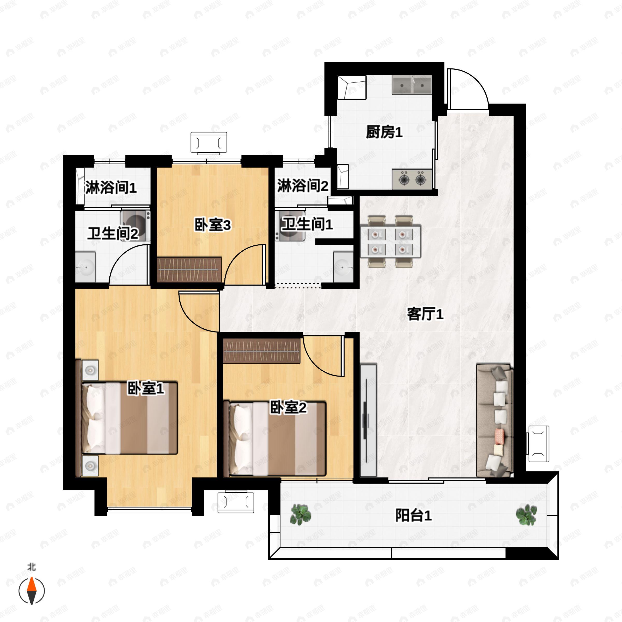 3室2厅2卫建面116平户型图