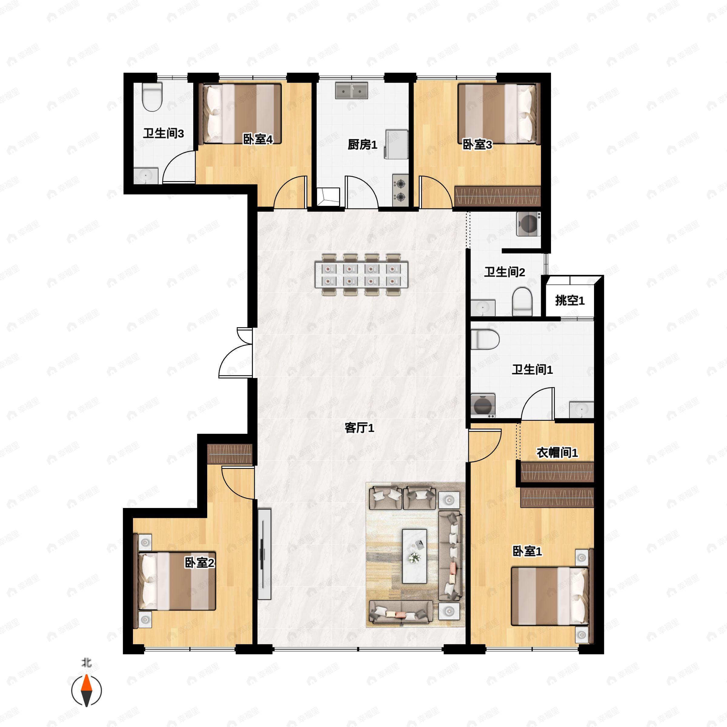 4室2厅3卫建面193m²北|南户型图