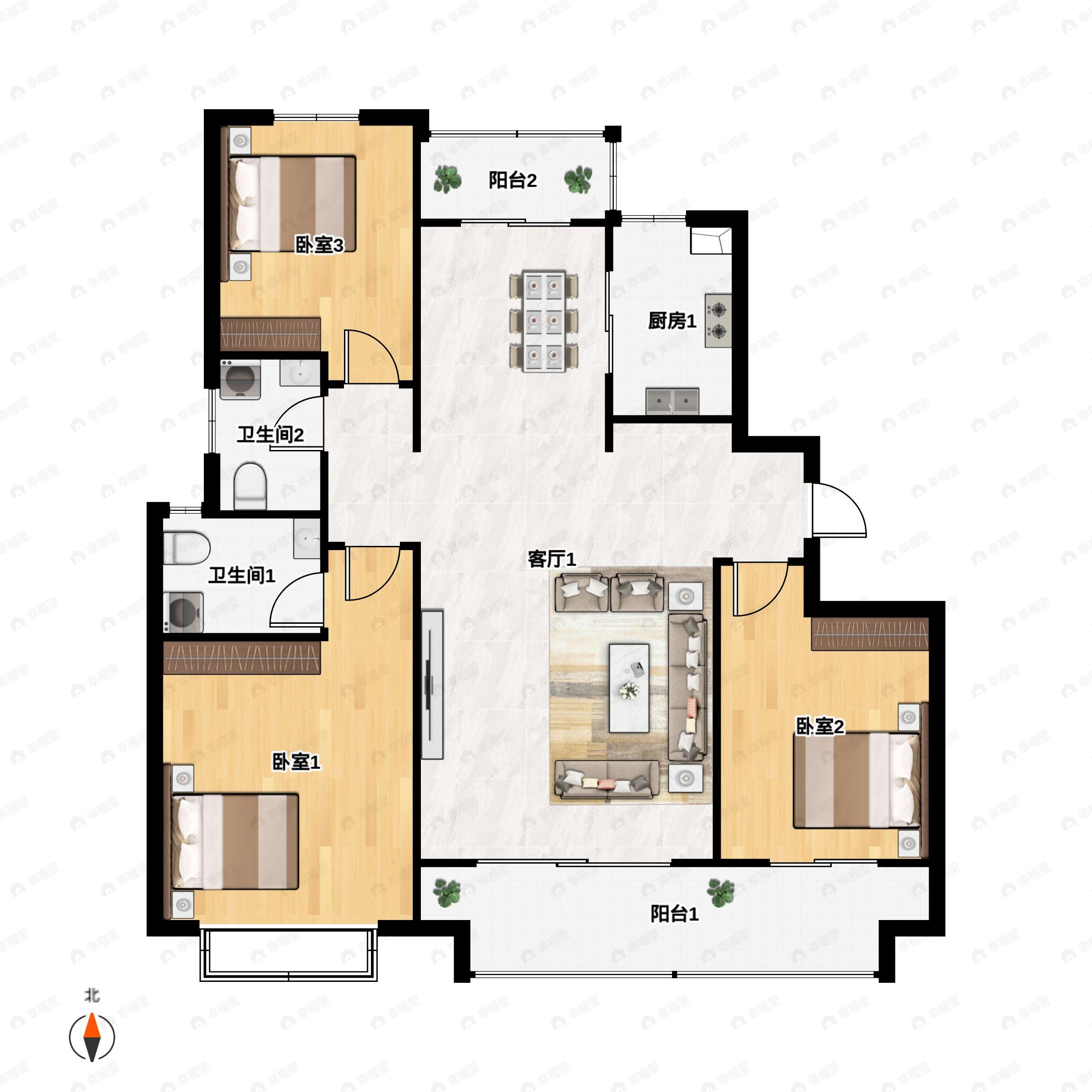 3室2厅2卫建面125m²北|南户型图