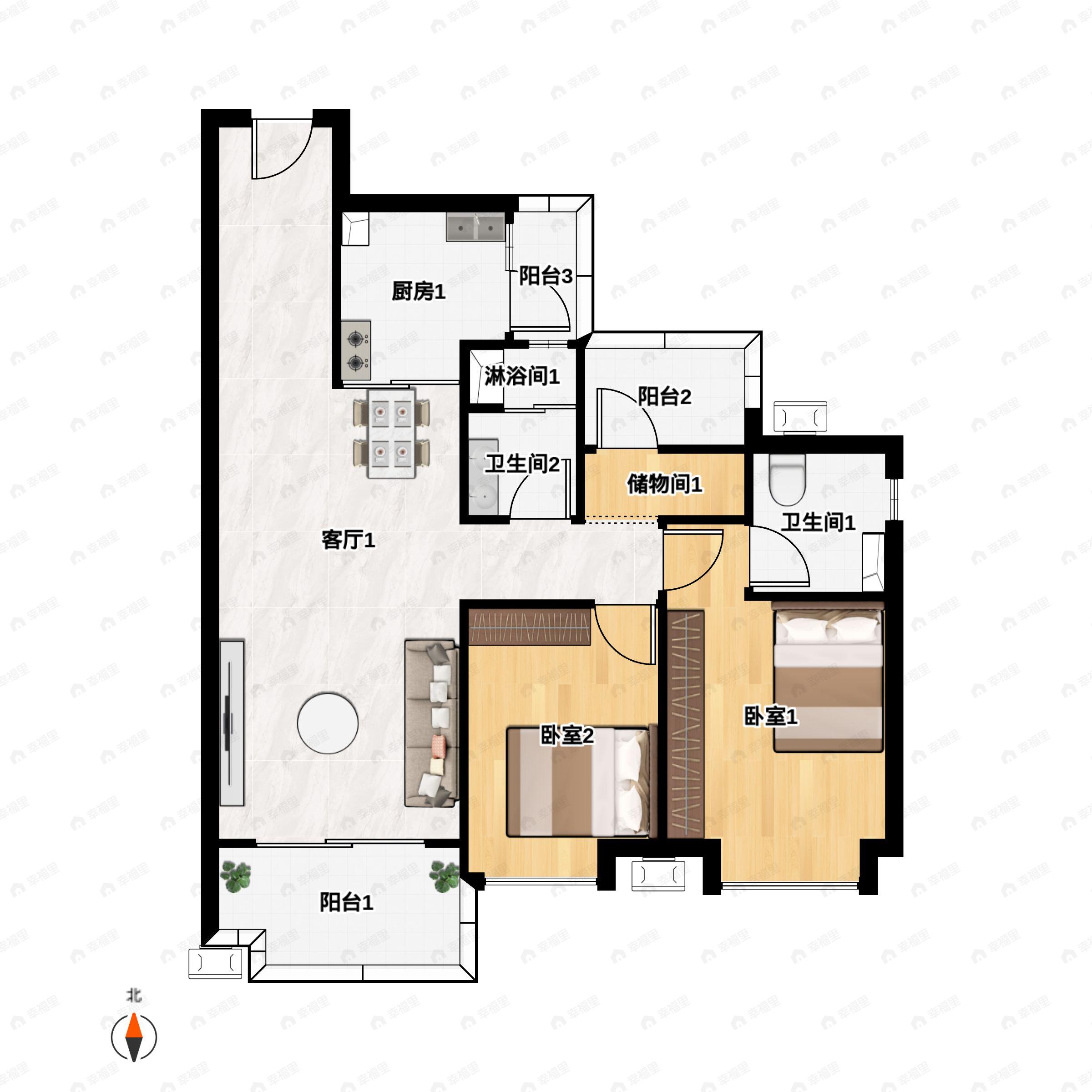 2室2厅2卫建面98m²东户型图