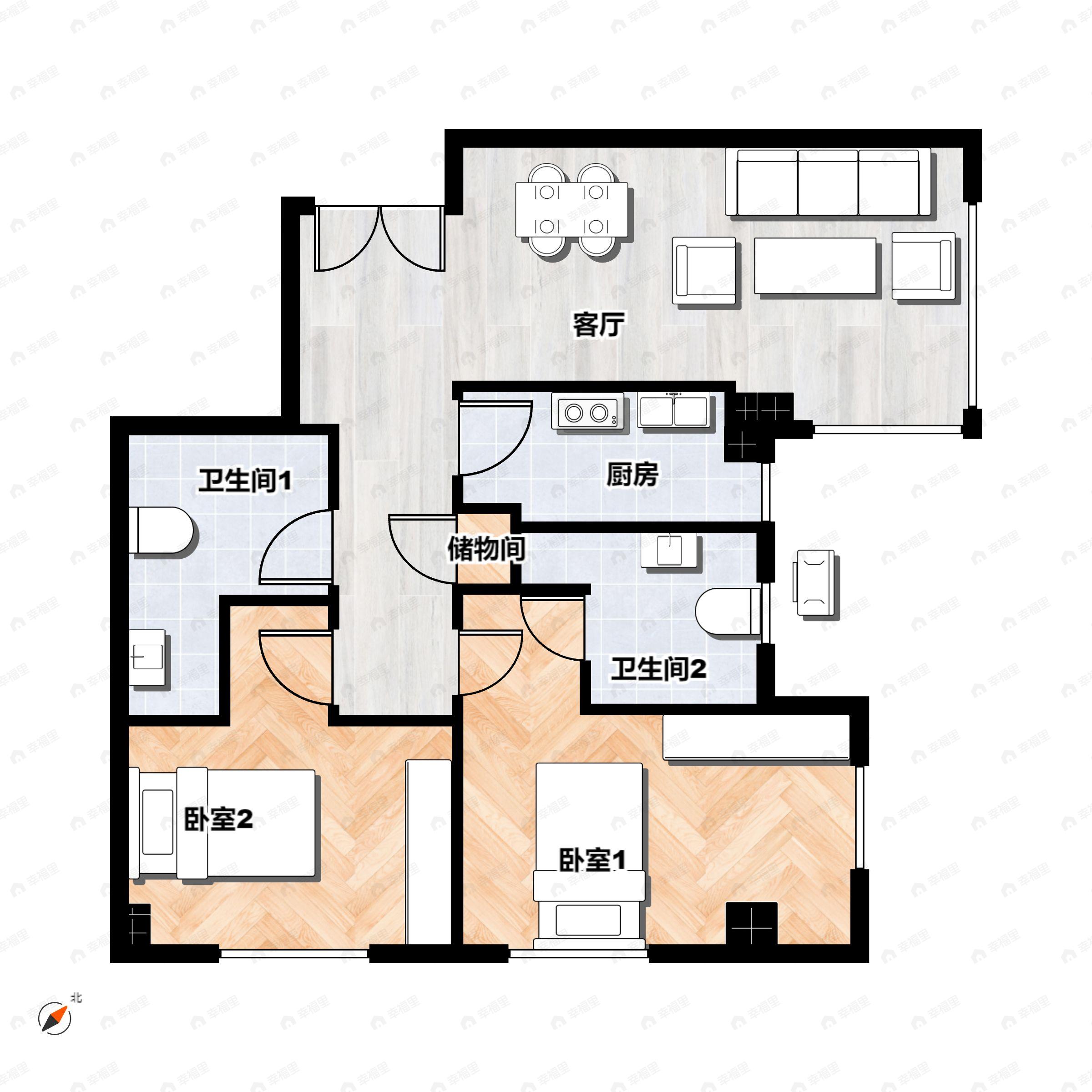 2室2厅2卫建面113平户型图