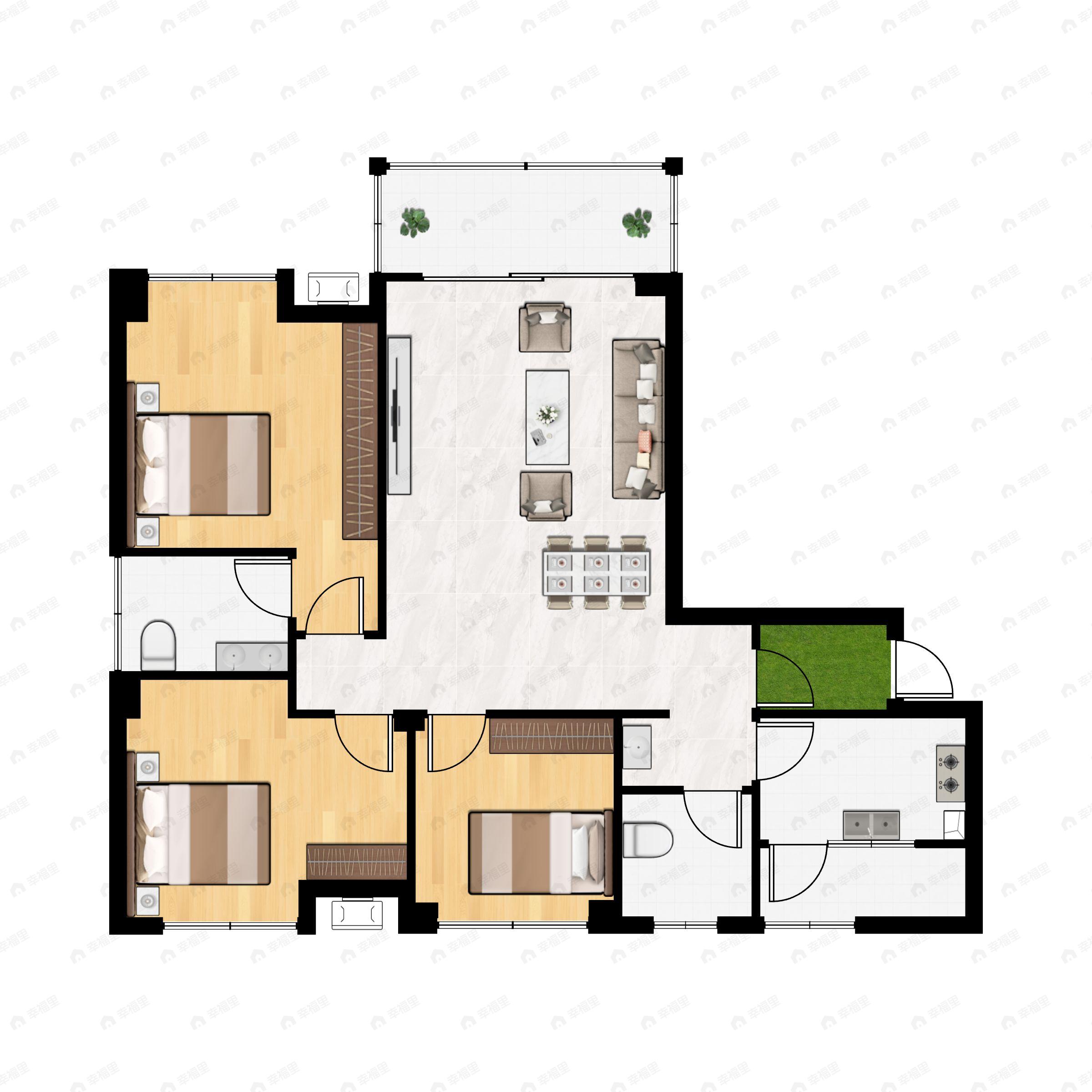 3室2厅2卫建面106平南户型图