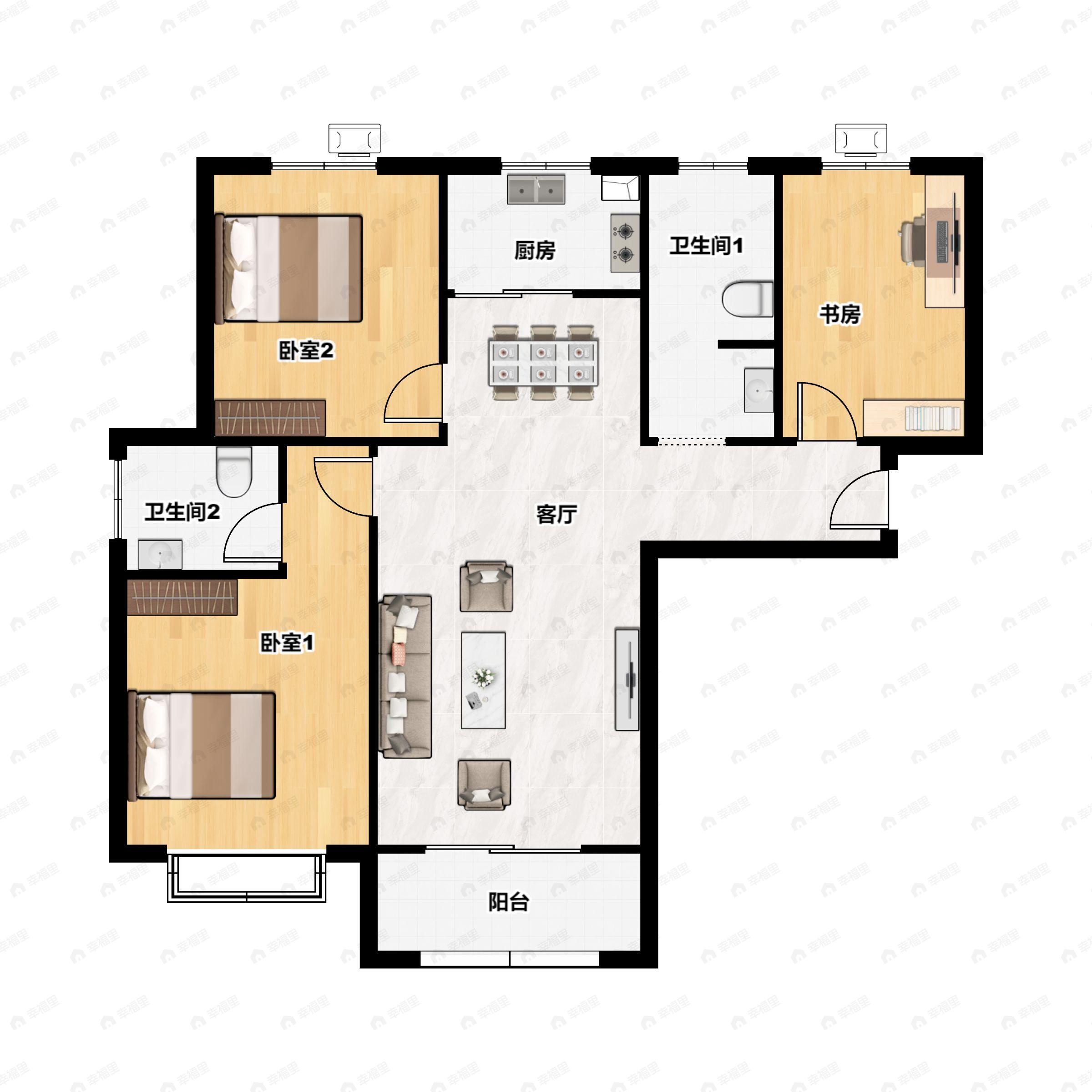 3室2厅2卫建面120平南户型图