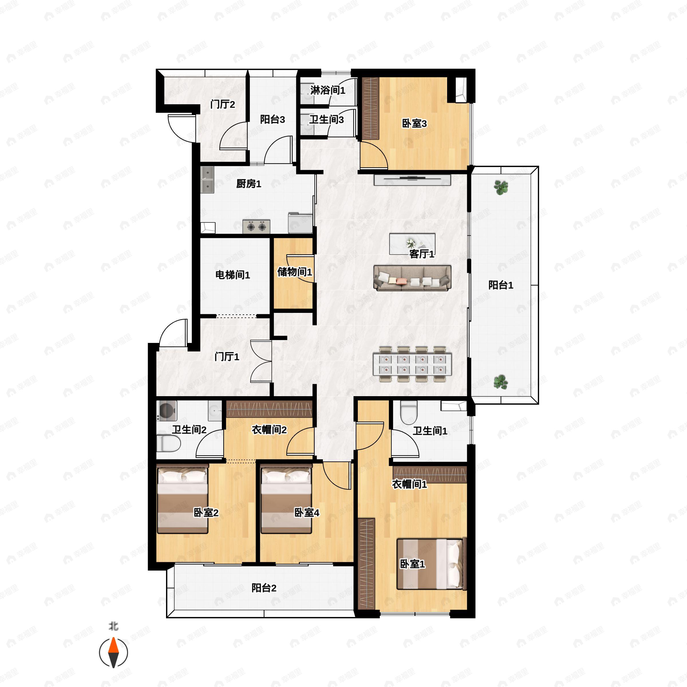 4室2厅3卫建面171平南户型图