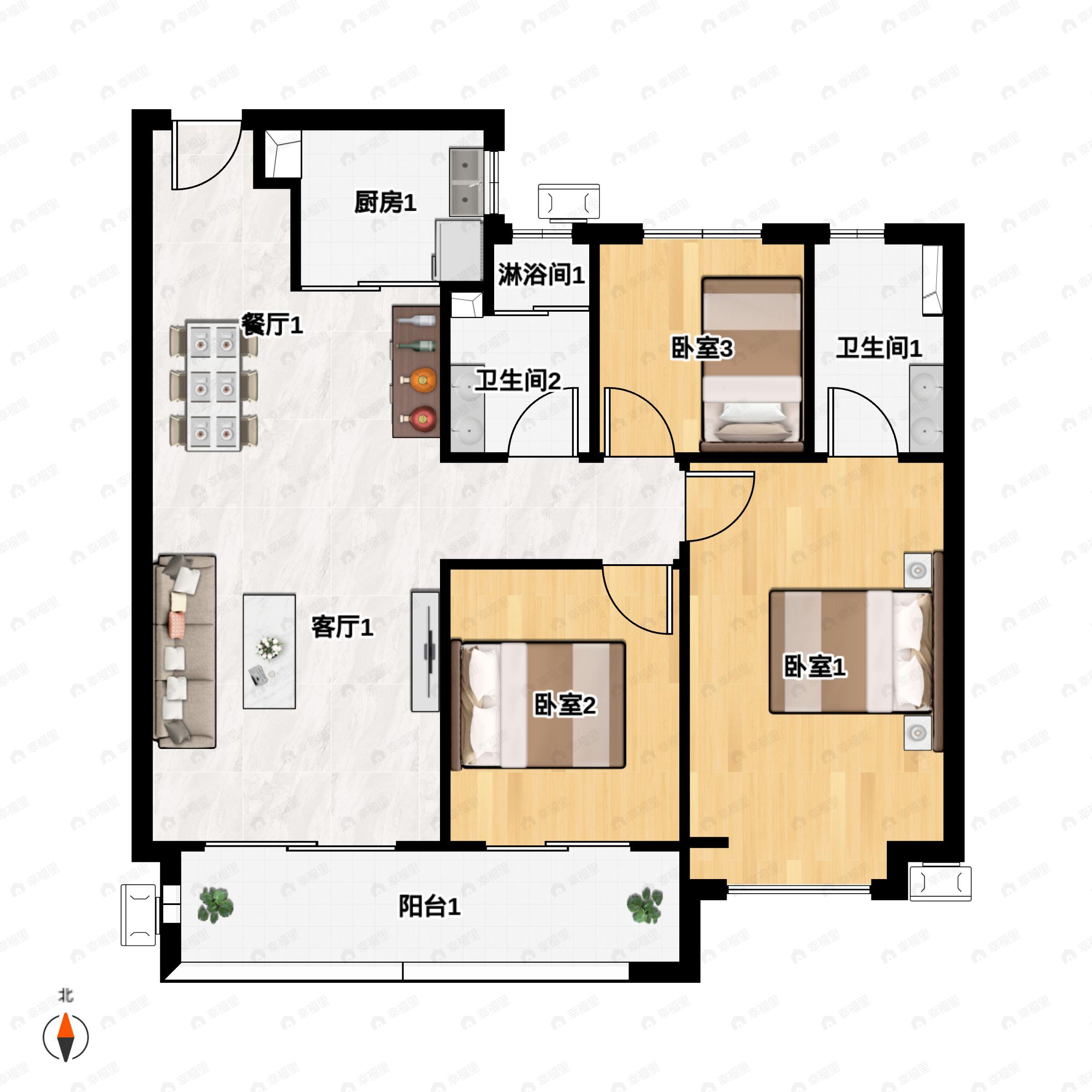 3室2厅2卫建面107平北|南户型图
