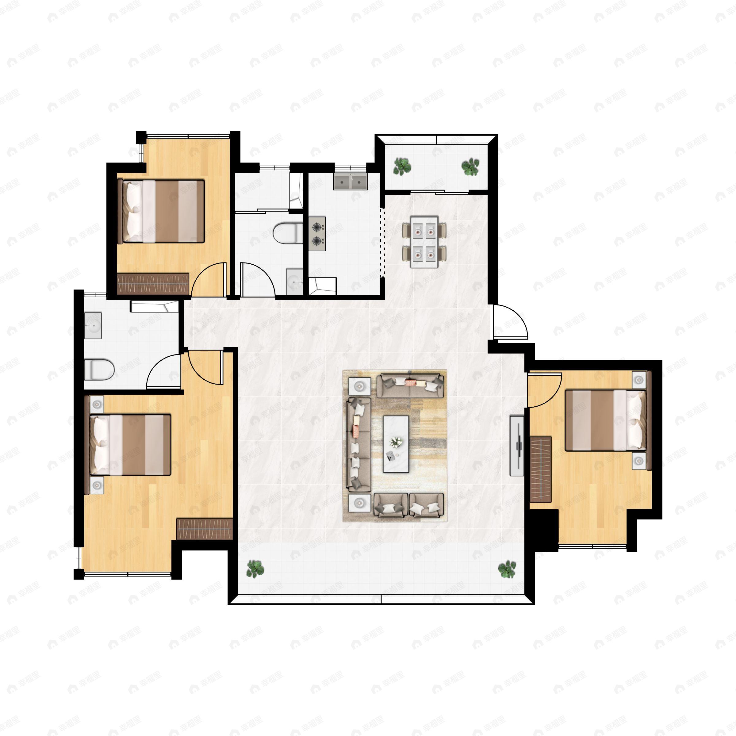 3室2厅2卫建面129m²南户型图
