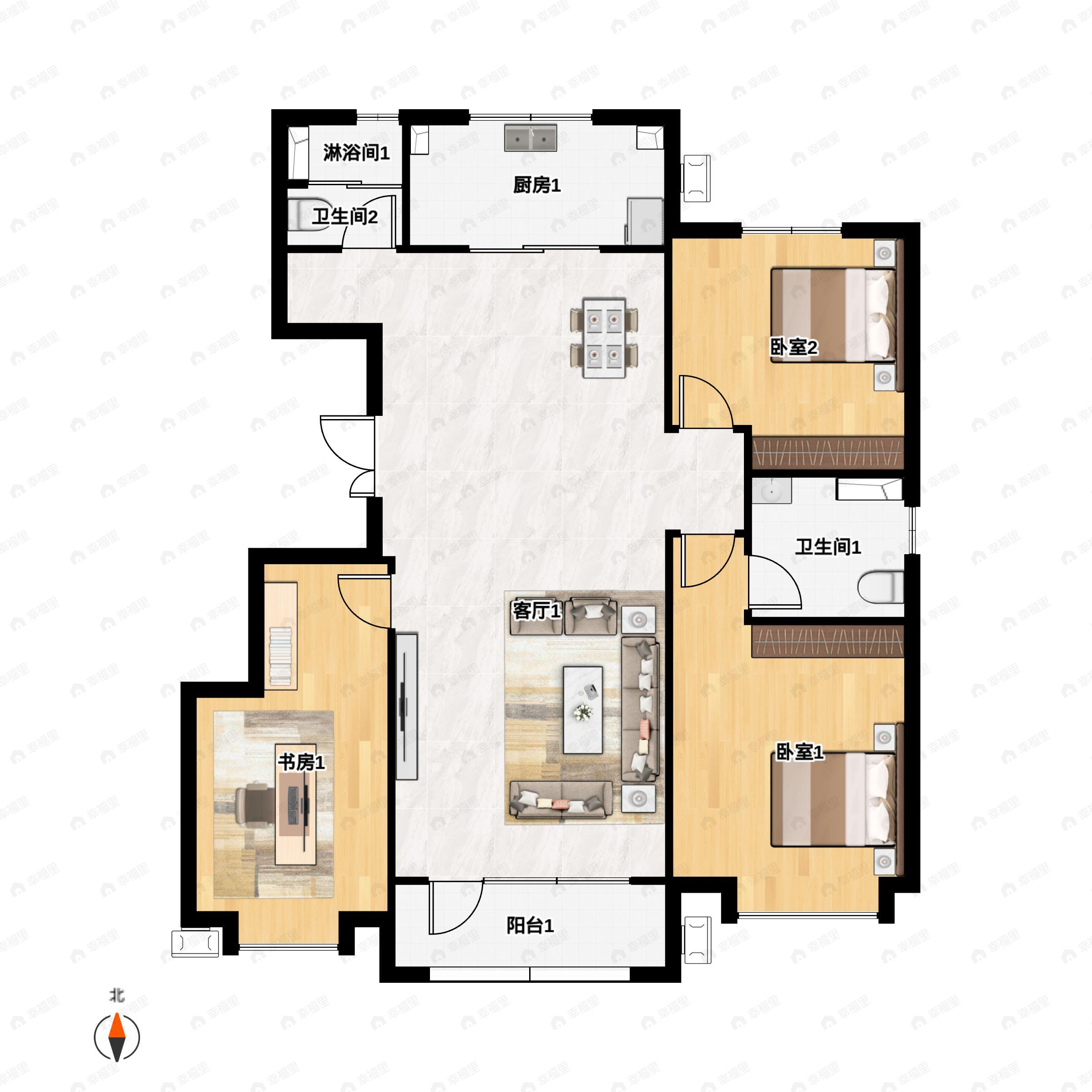 3室2厅2卫建面140m²北|南户型图