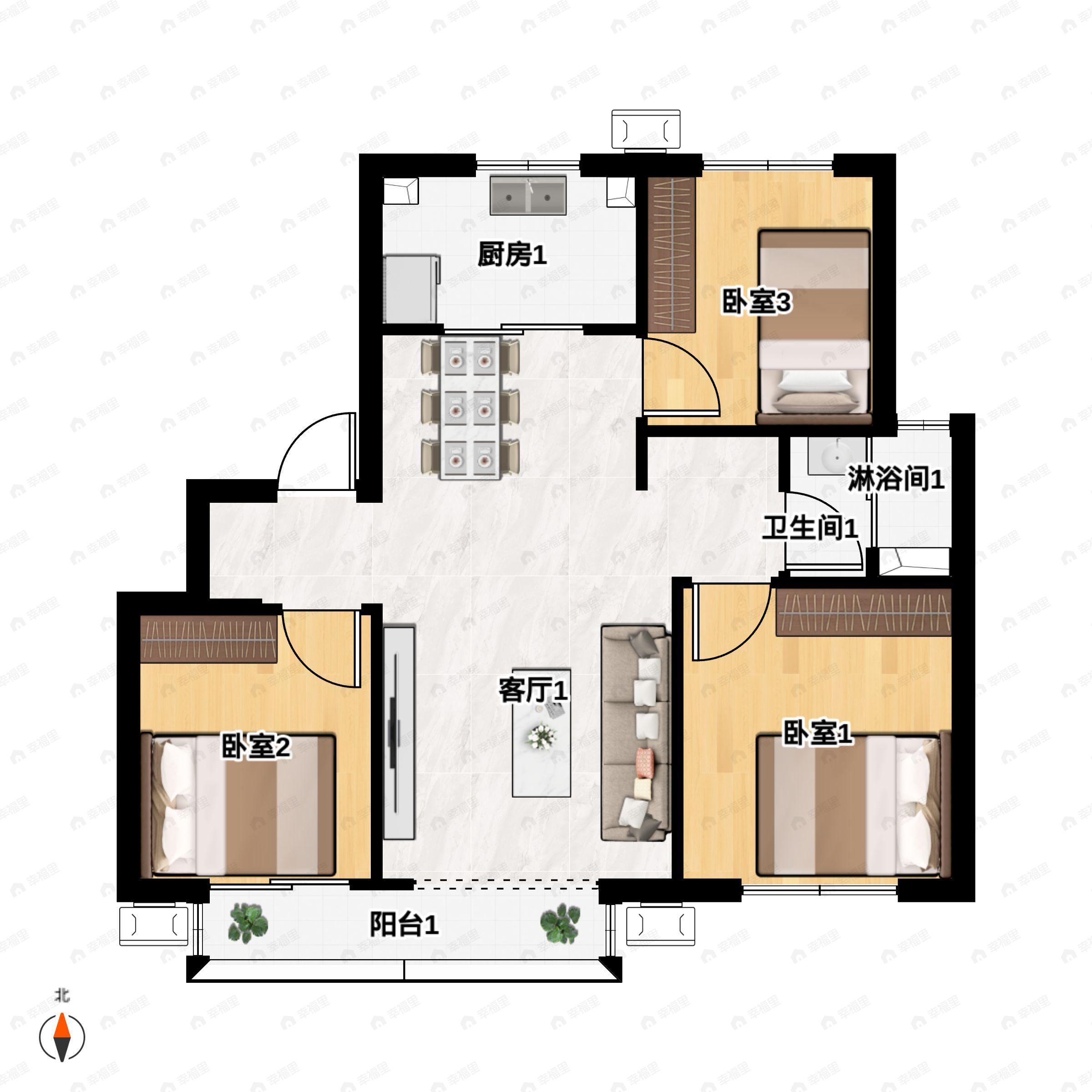 3室2厅1卫建面89平户型图