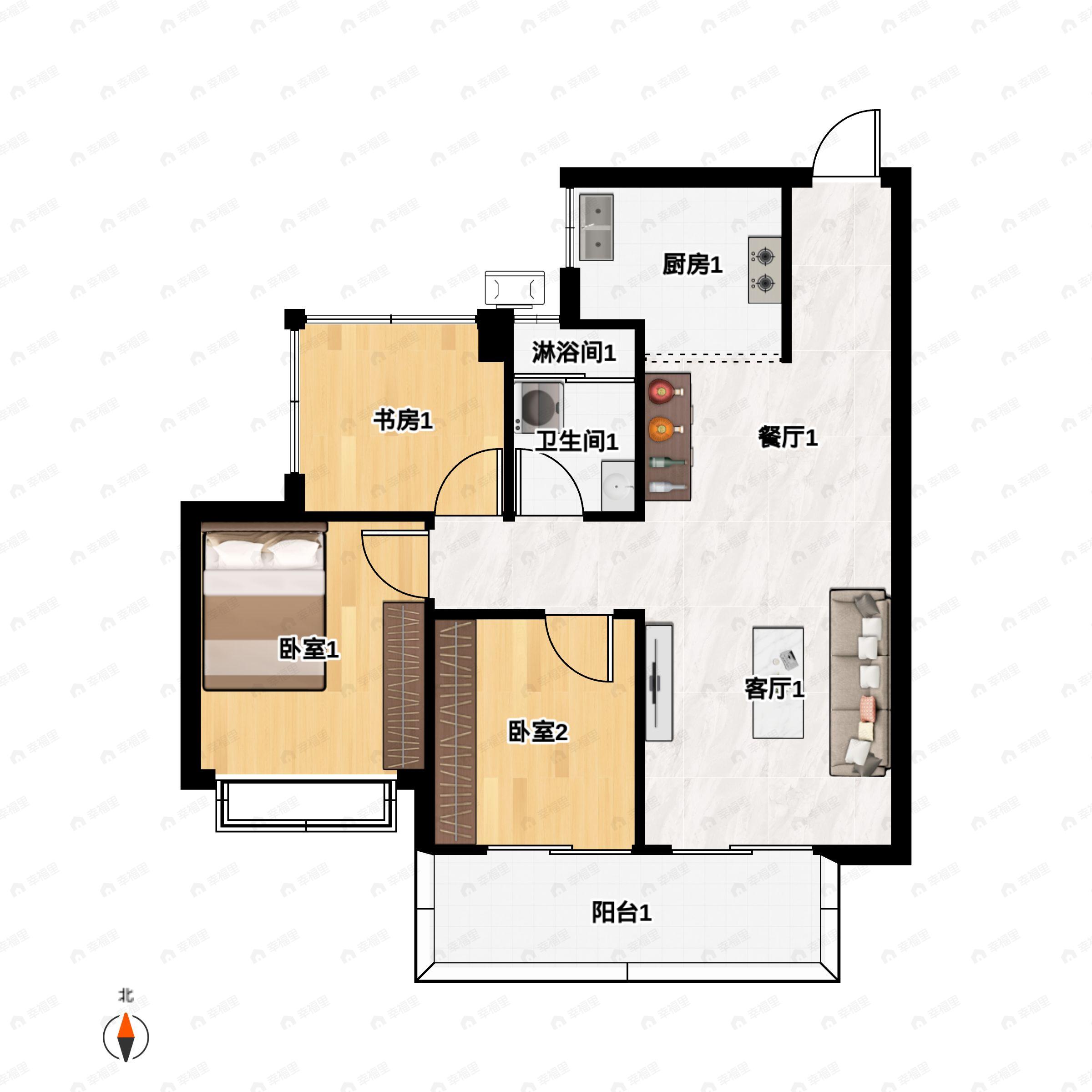 3室2厅1卫建面75平户型图