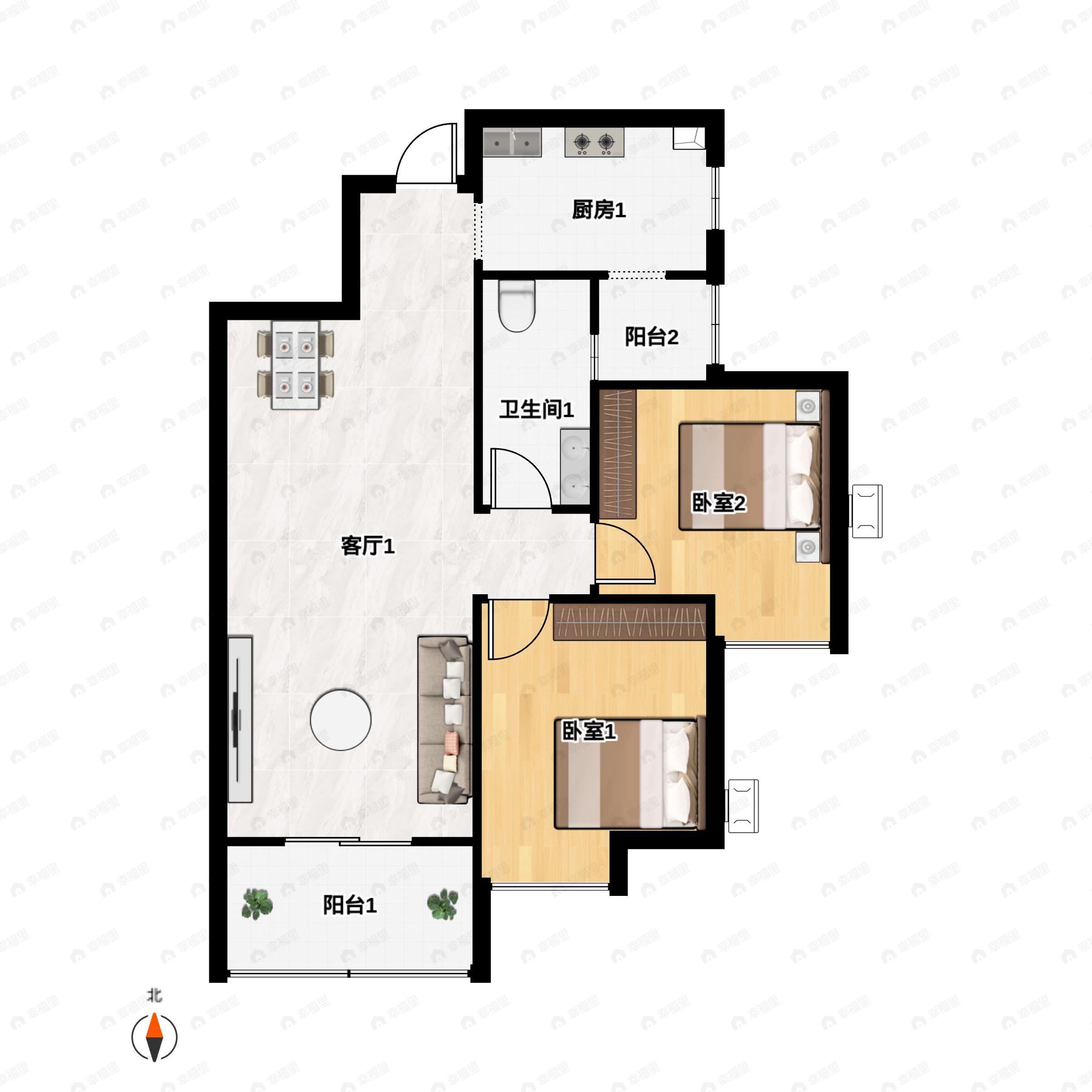 2室2厅1卫建面88平户型图