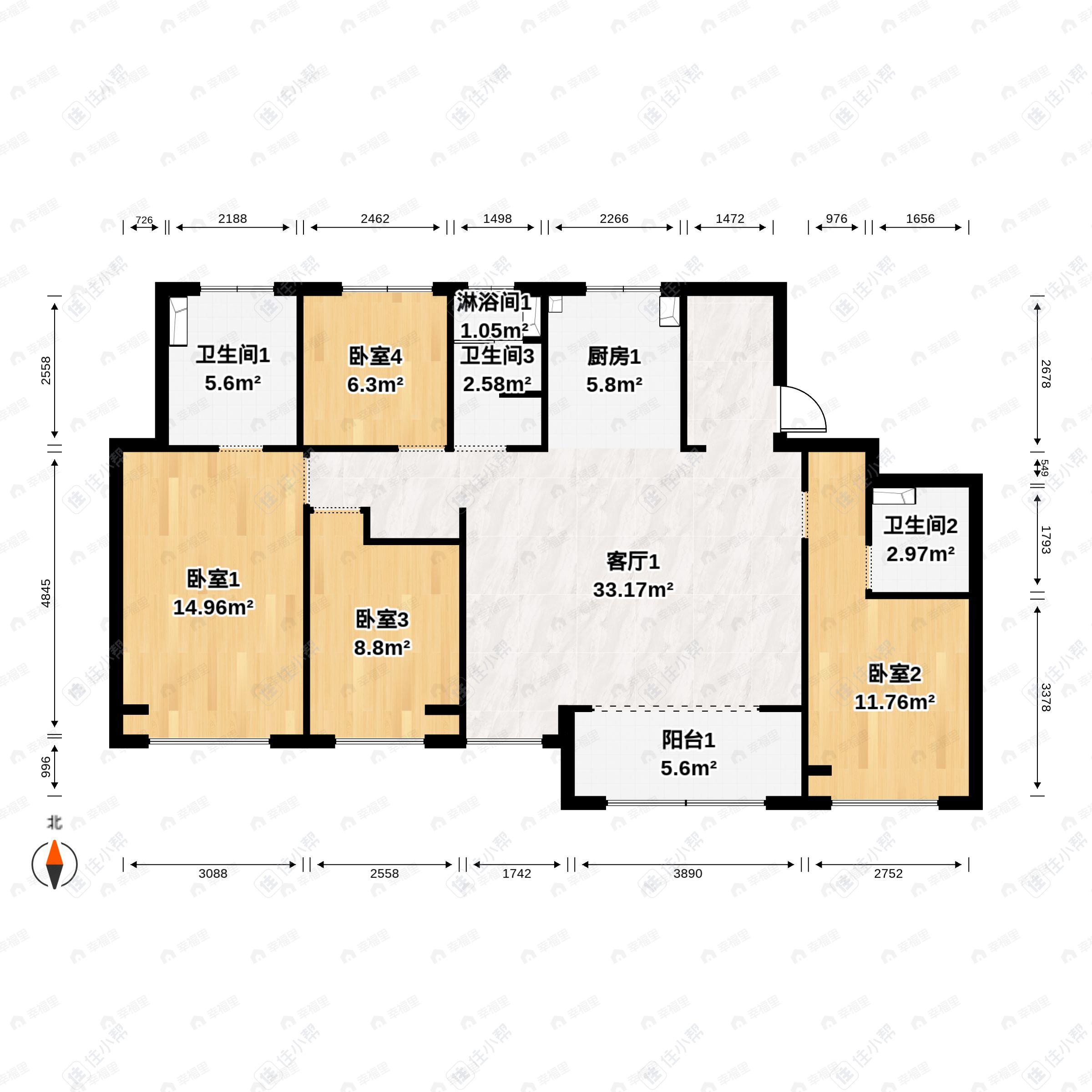 4室2厅3卫建面180平南户型图