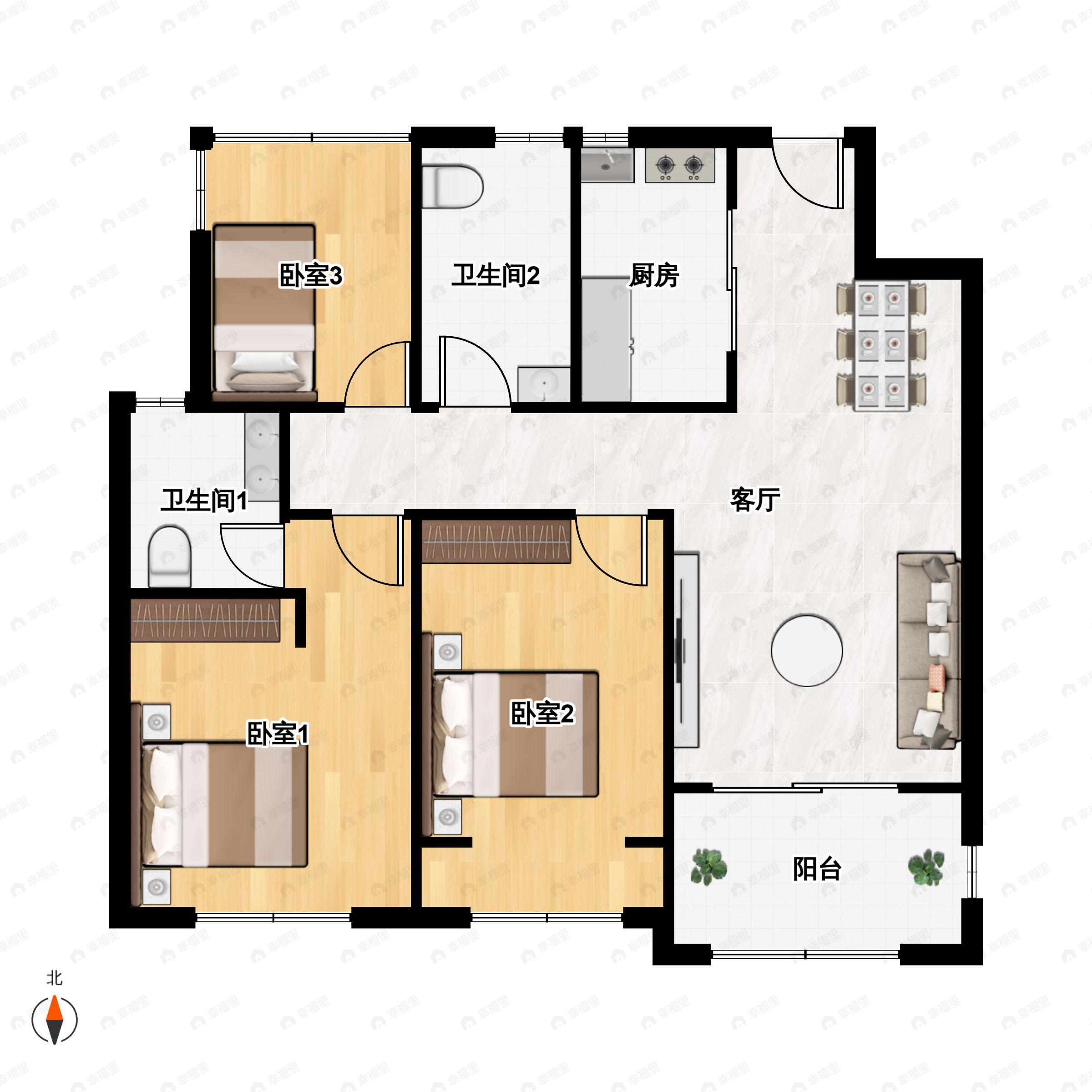 3室2厅2卫建面95m²南户型图